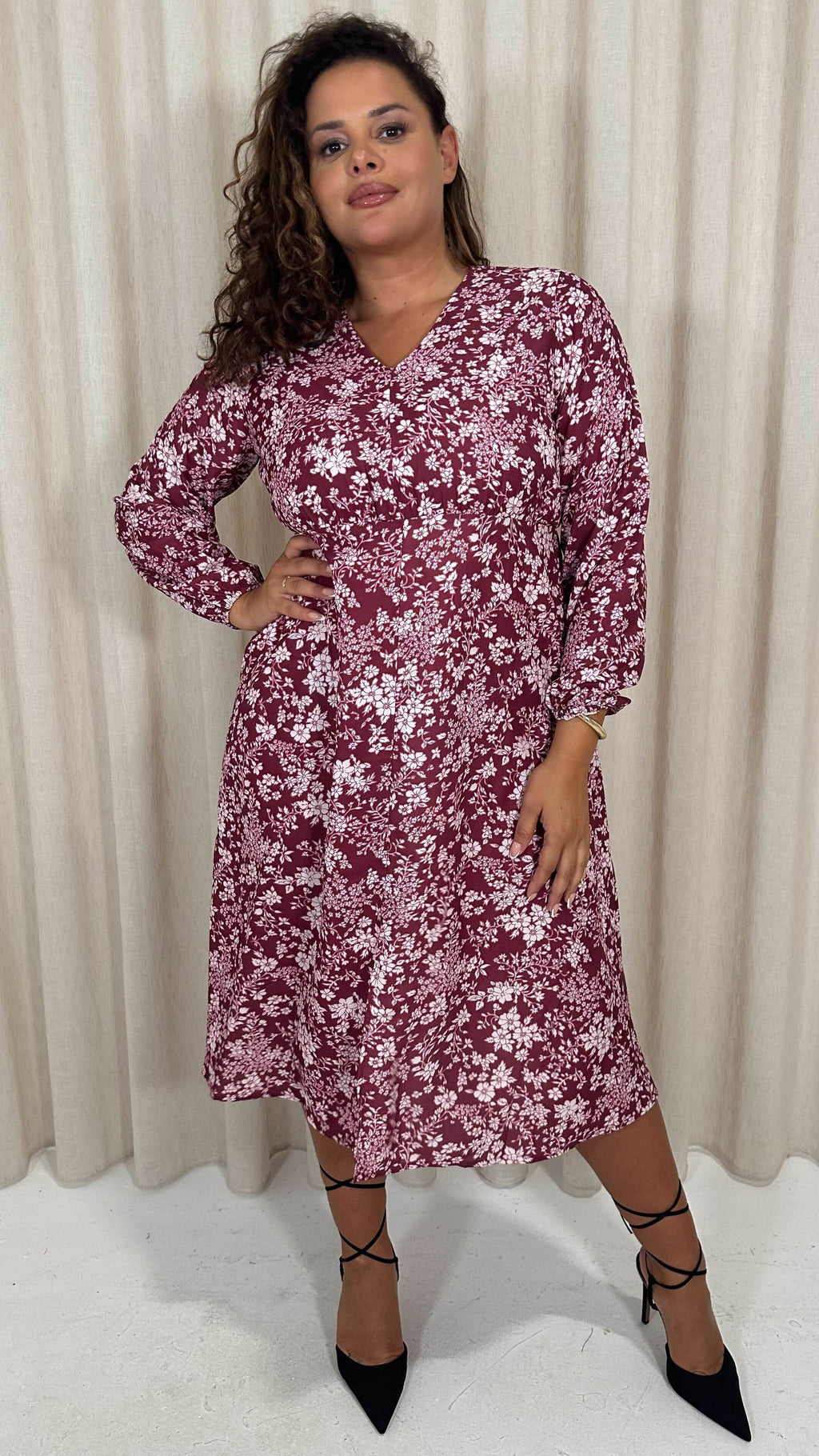 CurveWow V Neck Front Slit Midi Dress Wine Floral