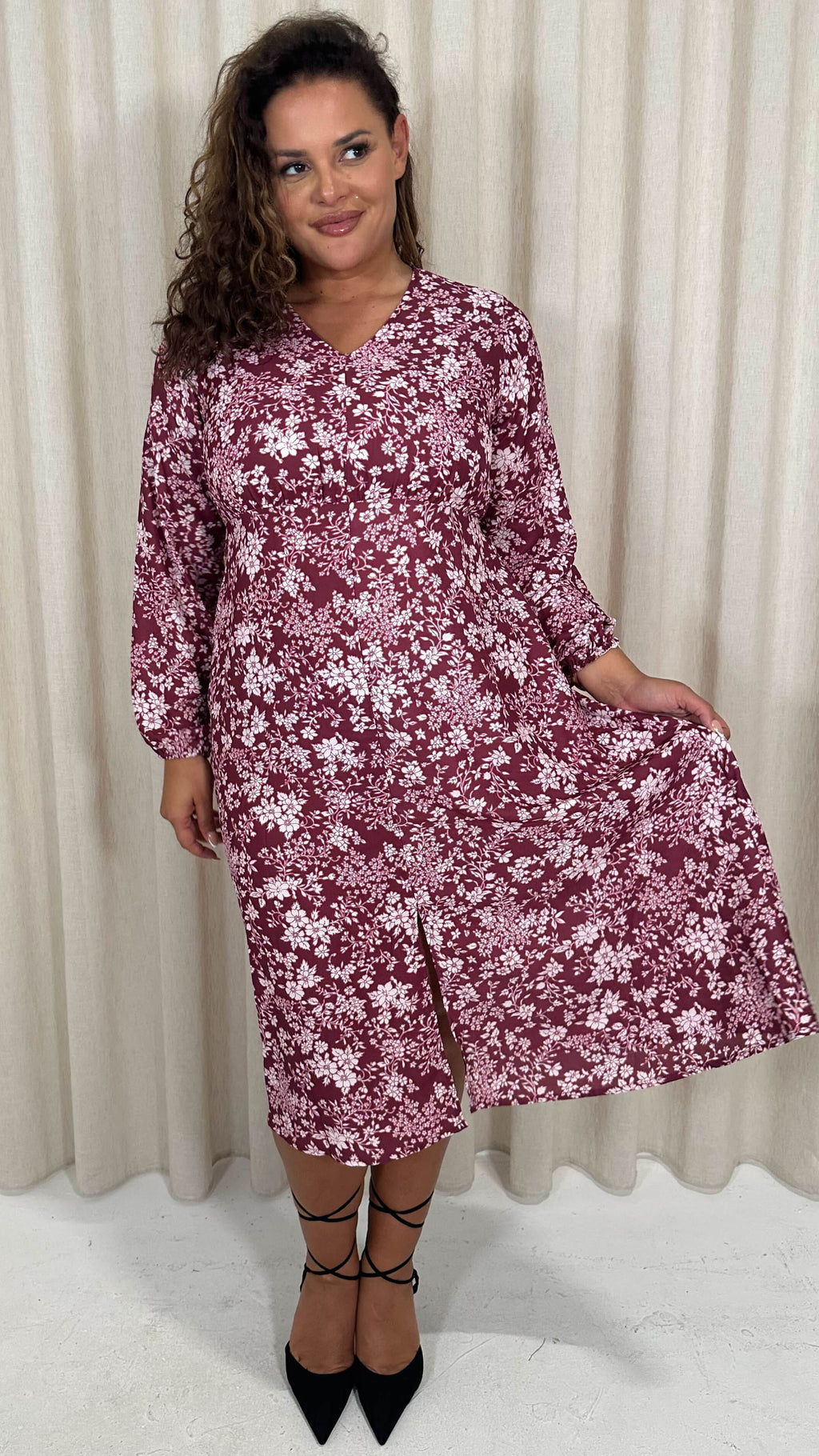 CurveWow V Neck Front Slit Midi Dress Wine Floral