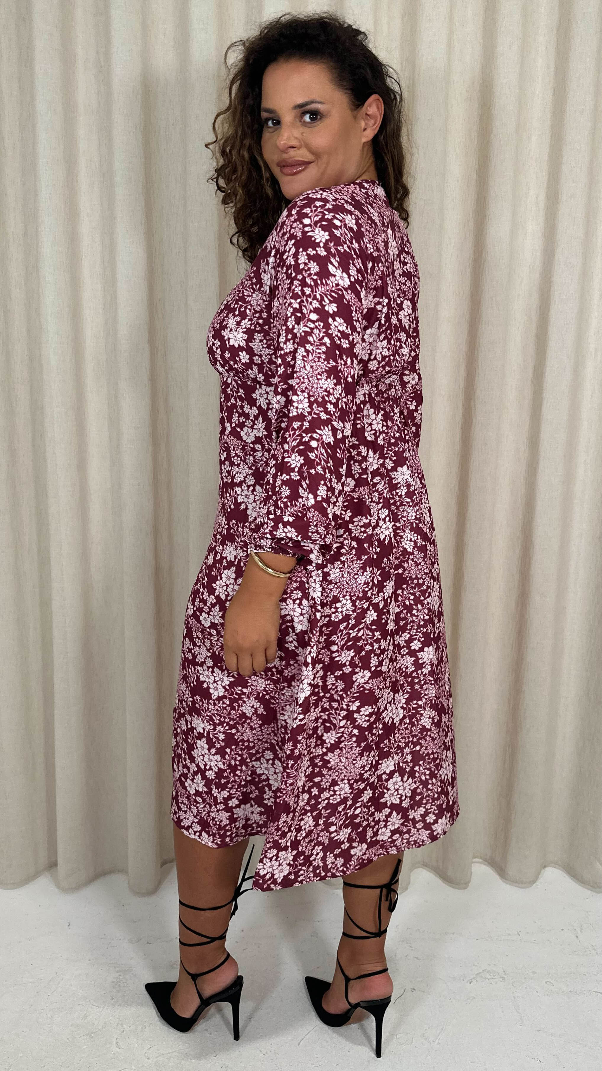 CurveWow V Neck Front Slit Midi Dress Wine Floral