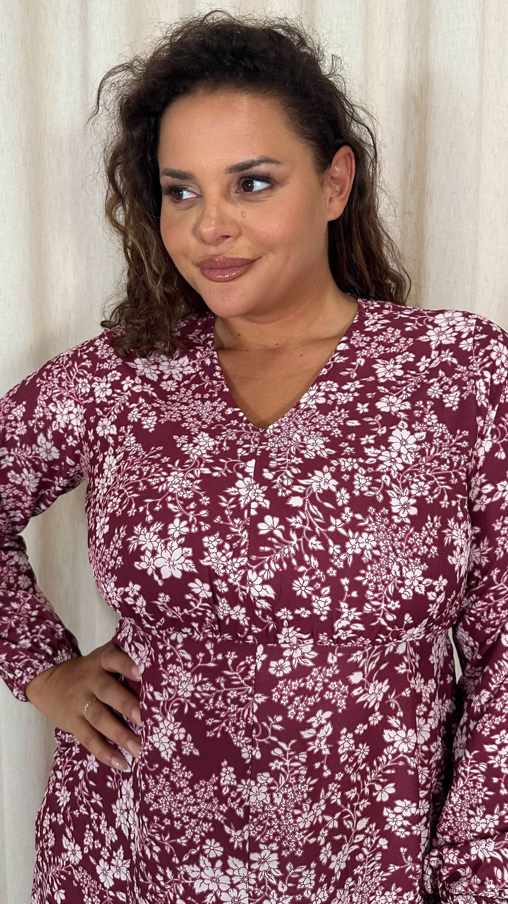 CurveWow V Neck Front Slit Midi Dress Wine Floral
