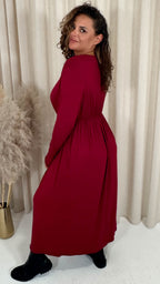 CurveWow Long Sleeve Jersey Pocket Midi Dress Wine