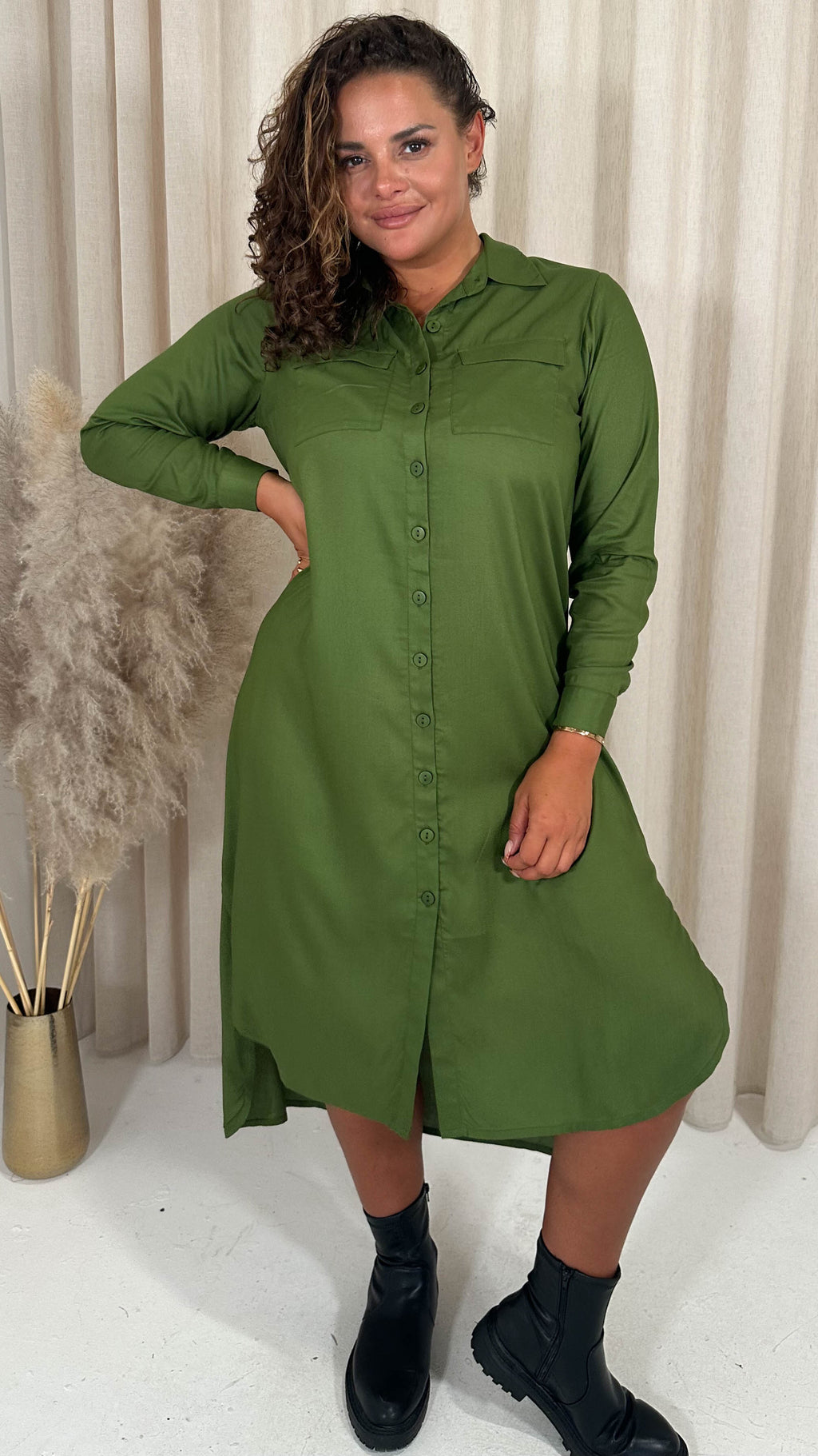 CurveWow Placket Shirt Dress Khaki