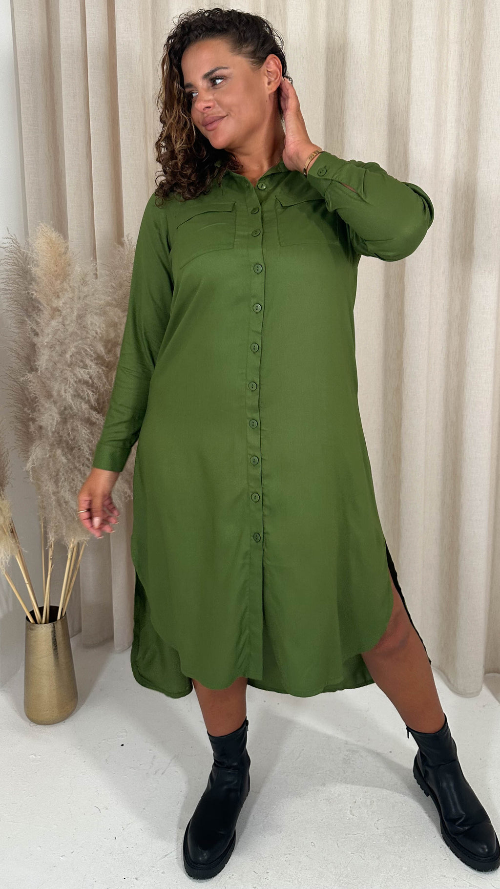 CurveWow Placket Shirt Dress Khaki