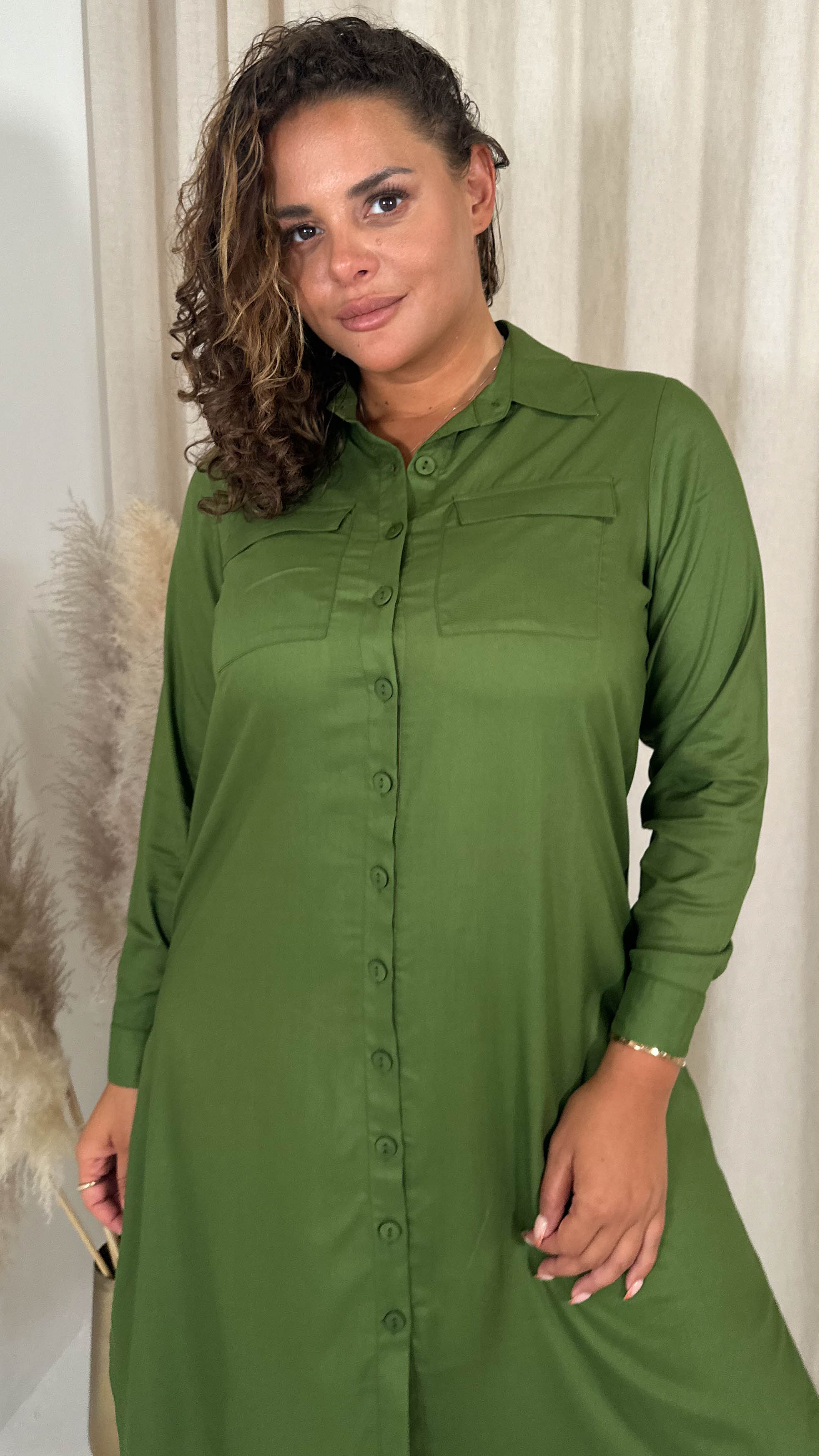 CurveWow Placket Shirt Dress Khaki