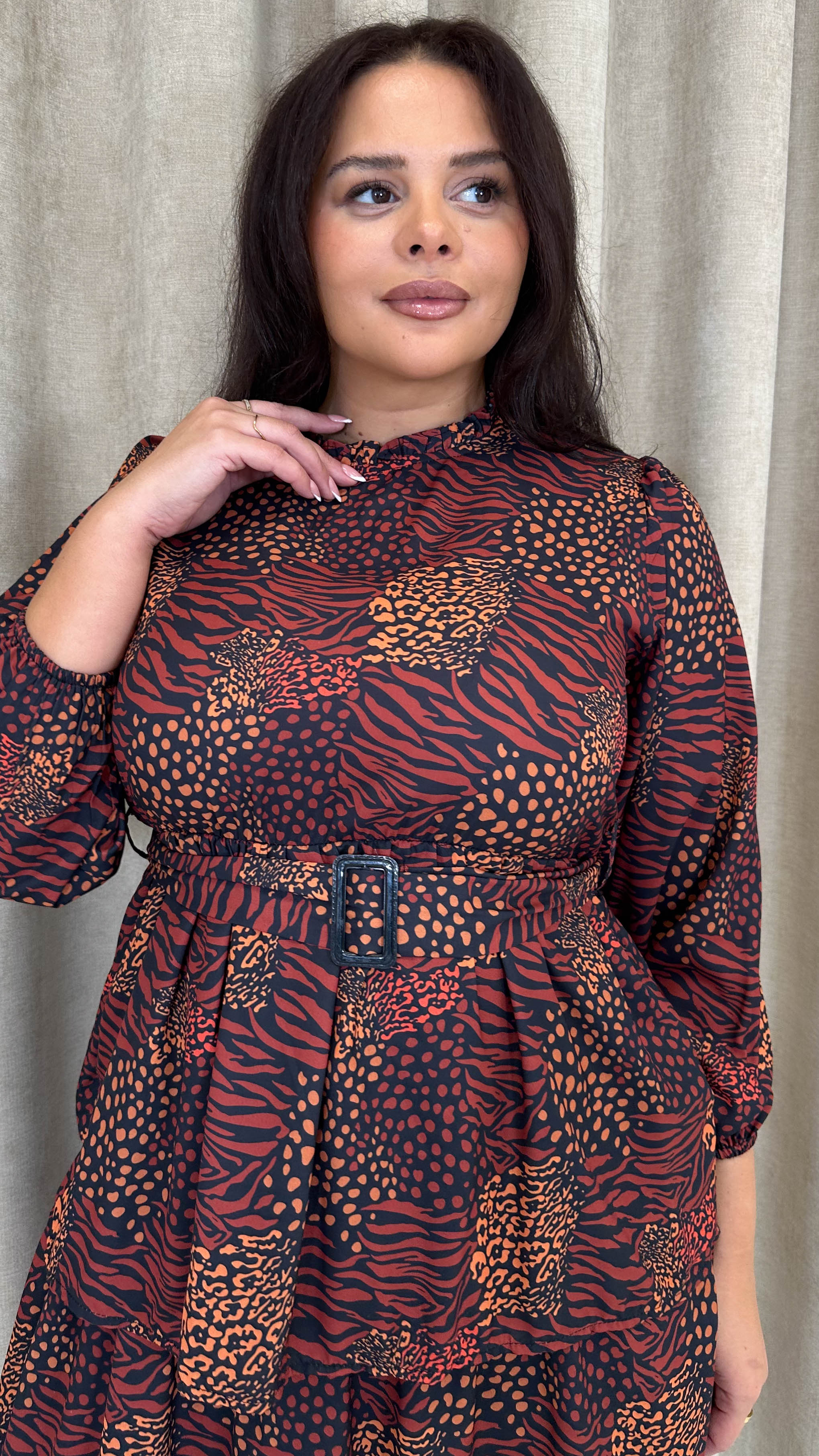 CurveWow Tiered Belt Midi Dress Rust Mixed Animal