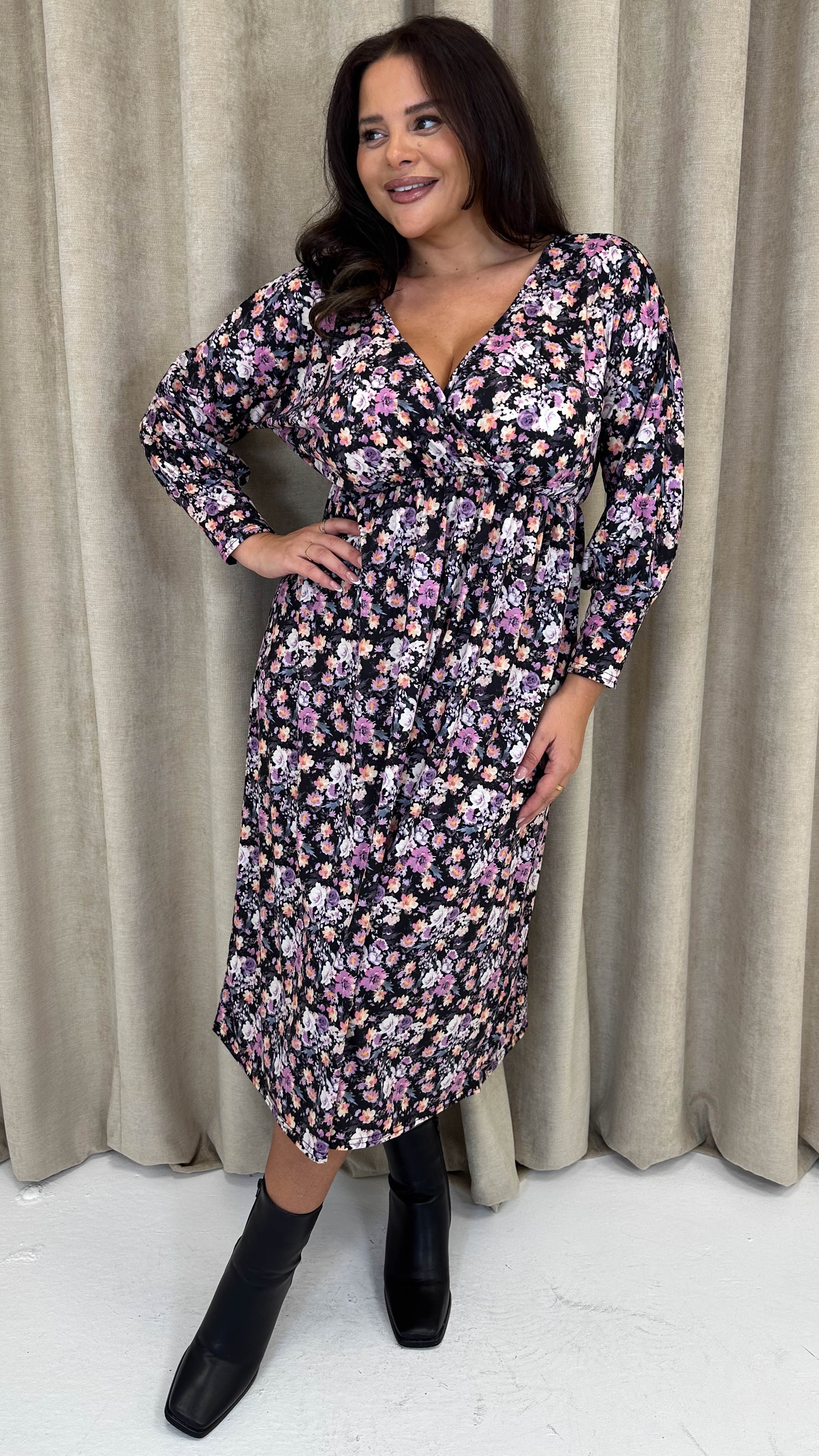 CurveWow Long Sleeve Tie Back Wrap Dress Floral
