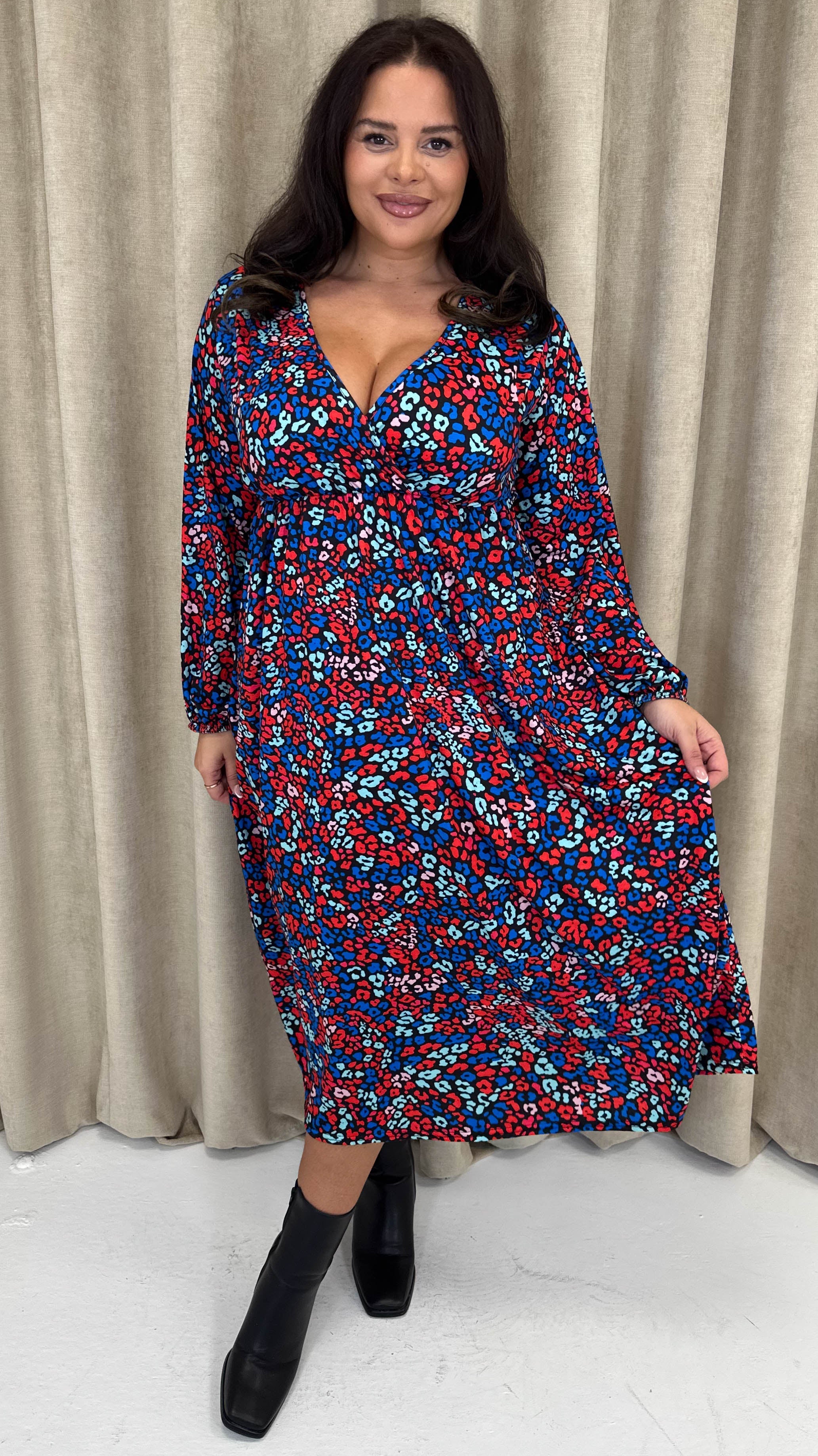 CurveWow Wrap Balloon Sleeve Midaxi Dress Leopard