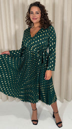 CurveWow Long Sleeve Pleated Wrap Dress Green Spot