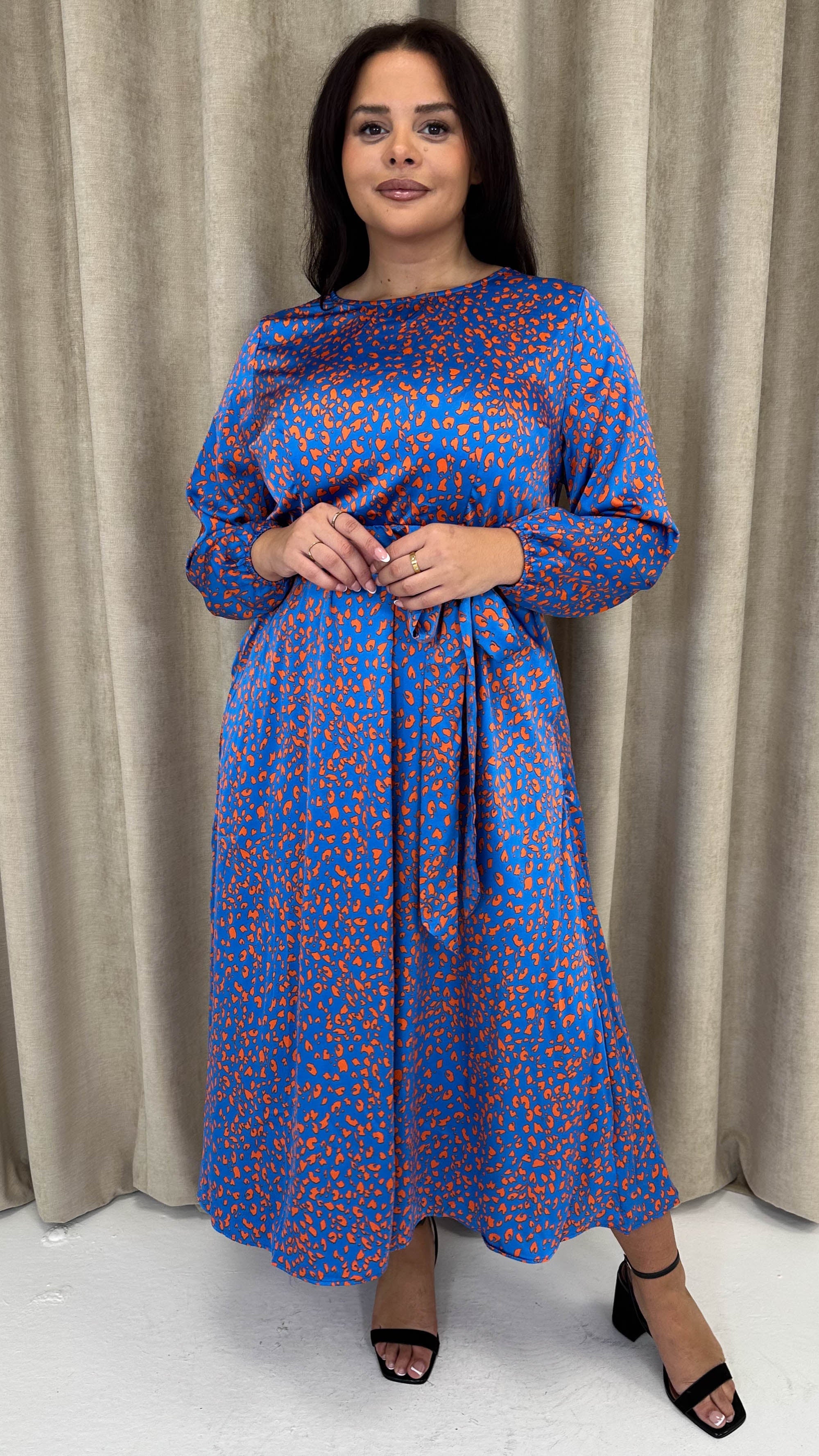 CurveWow Tie Waist Crew Neck Midi Dress Blue Animal