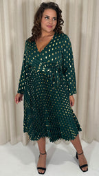 CurveWow Long Sleeve Pleated Wrap Dress Green Spot