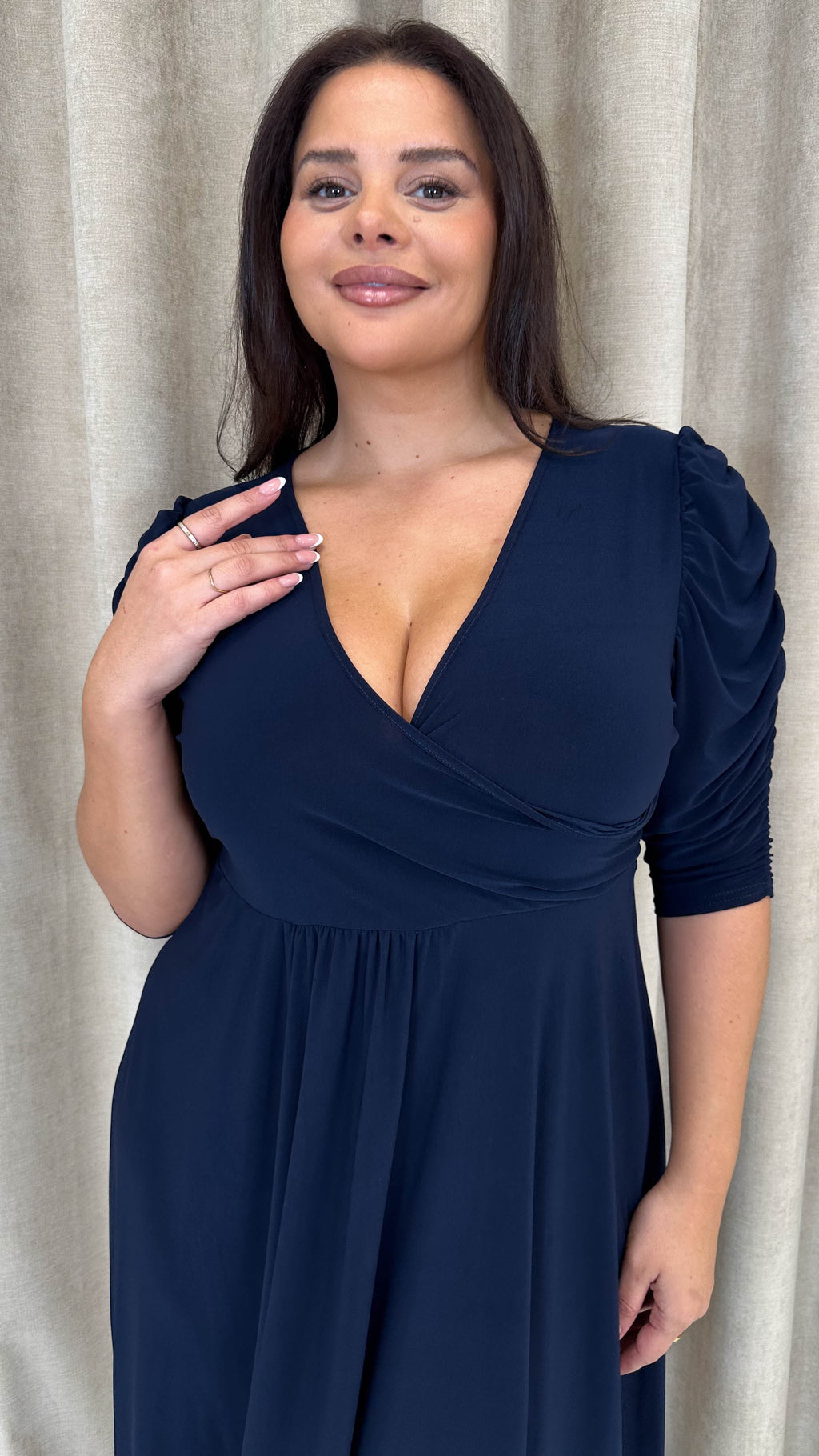 CurveWow 3/4 Balloon Sleeve Wrap Midi Dress Navy