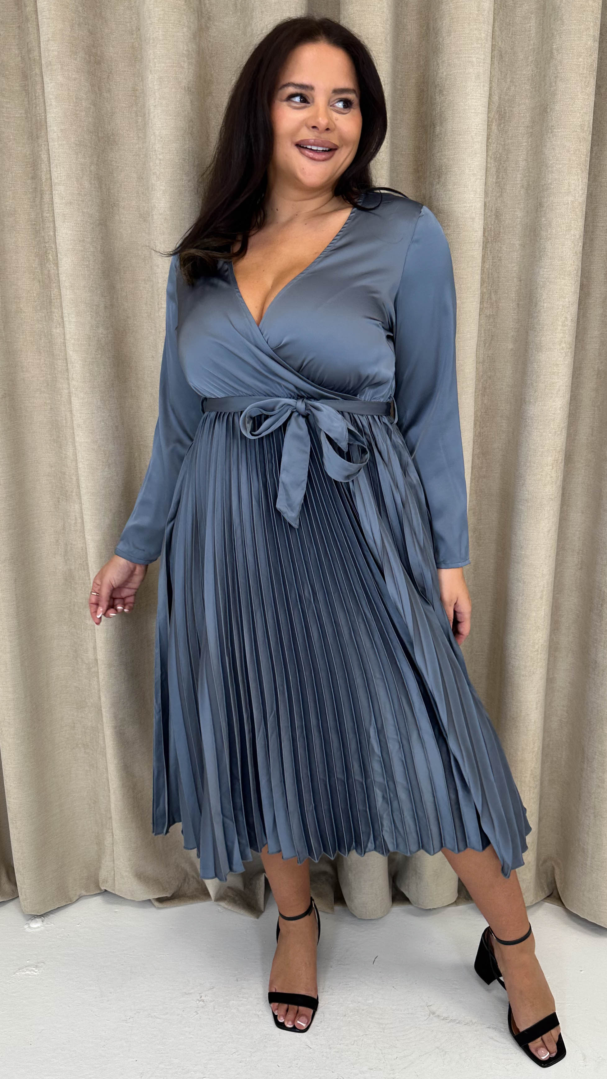 CurveWow Long Sleeve Pleated Wrap Dress Gunmetal Grey