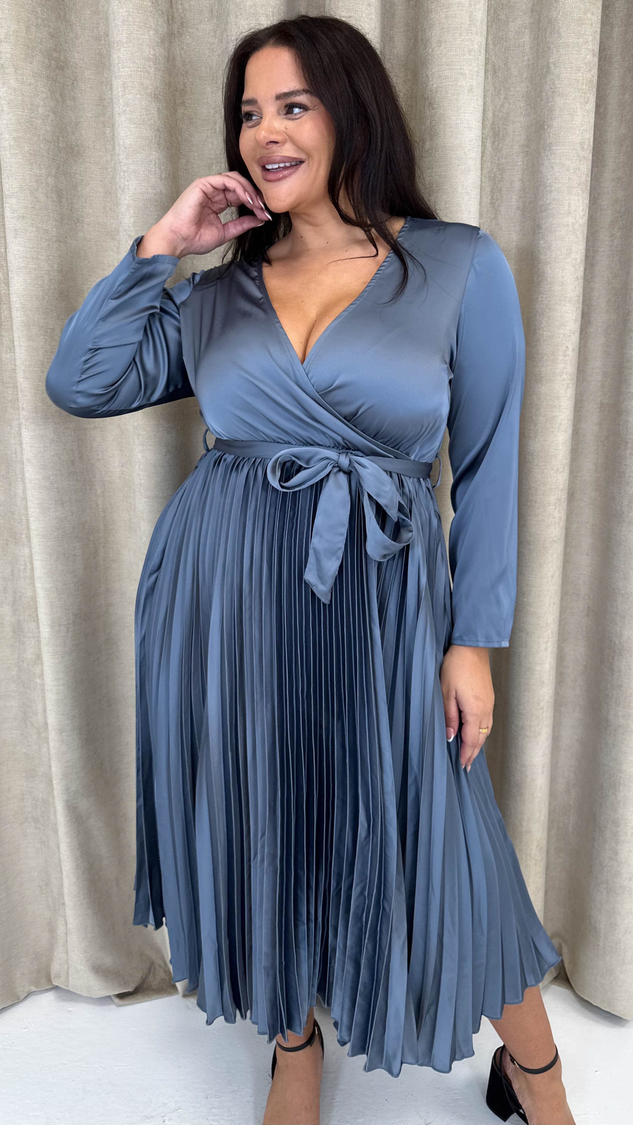CurveWow Long Sleeve Pleated Wrap Dress Gunmetal Grey