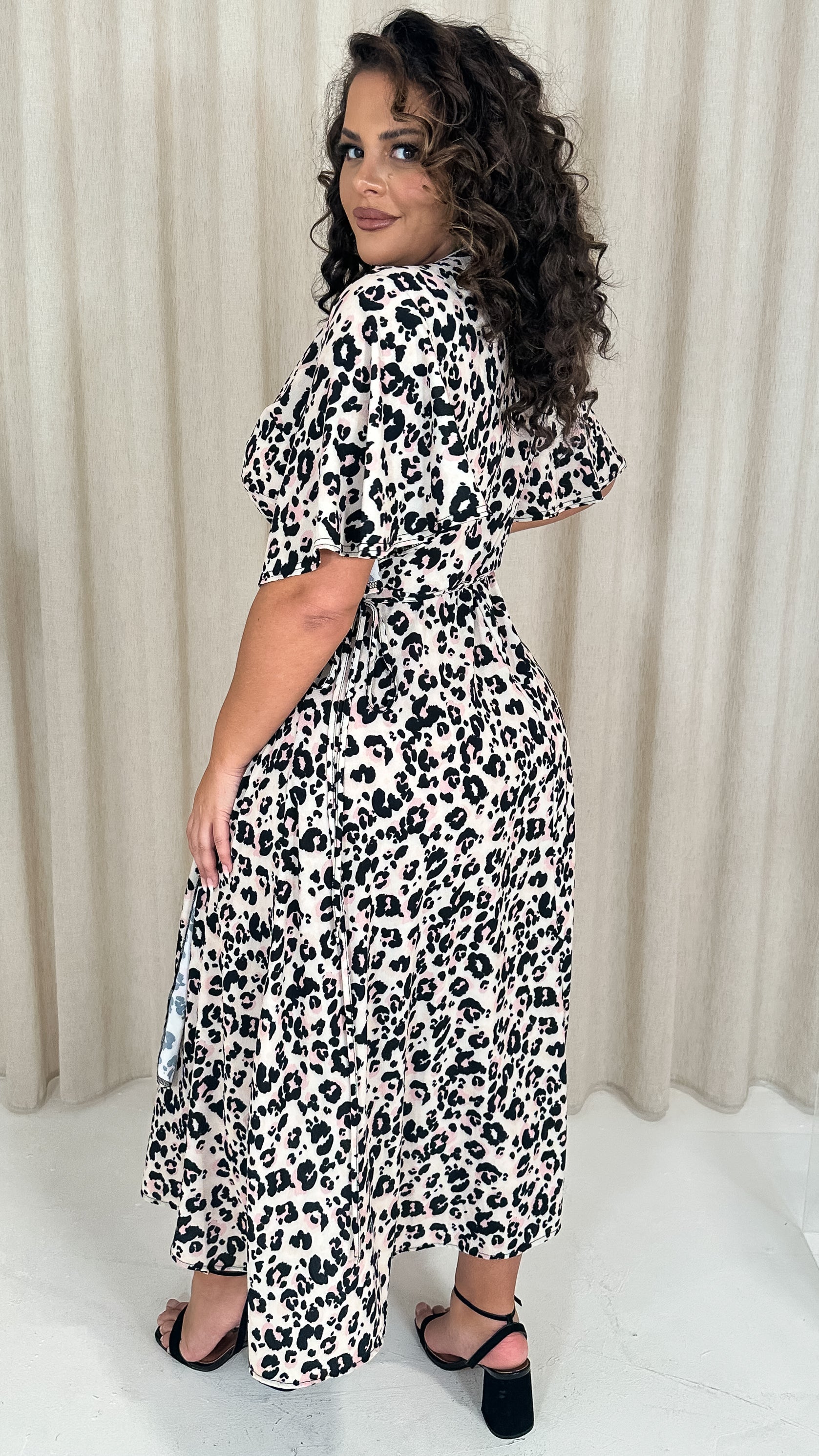 CurveWow Petite Wrap Angel Sleeve Dress Leopard