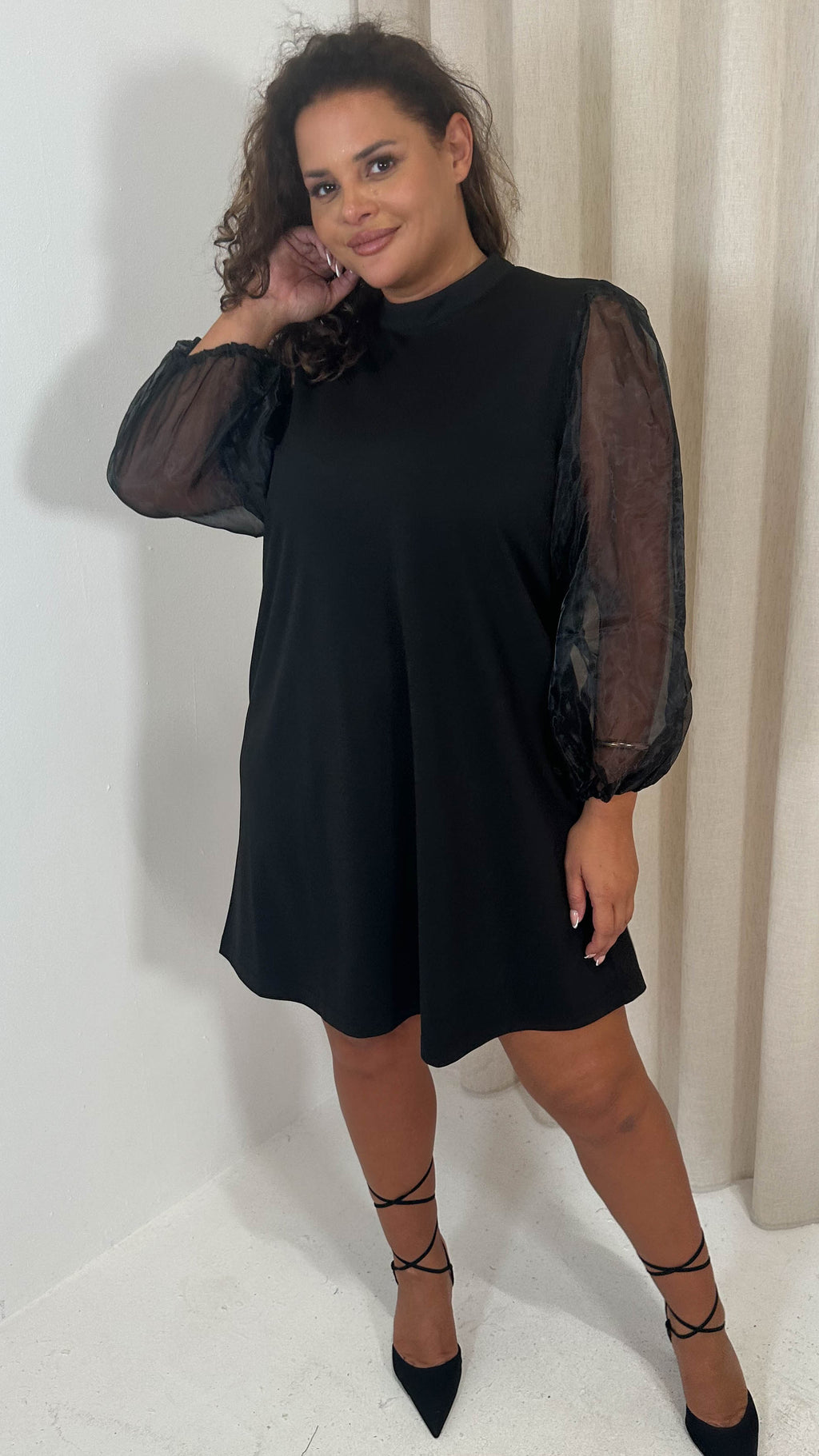 CurveWow Organza Sleeve Shift Dress Black