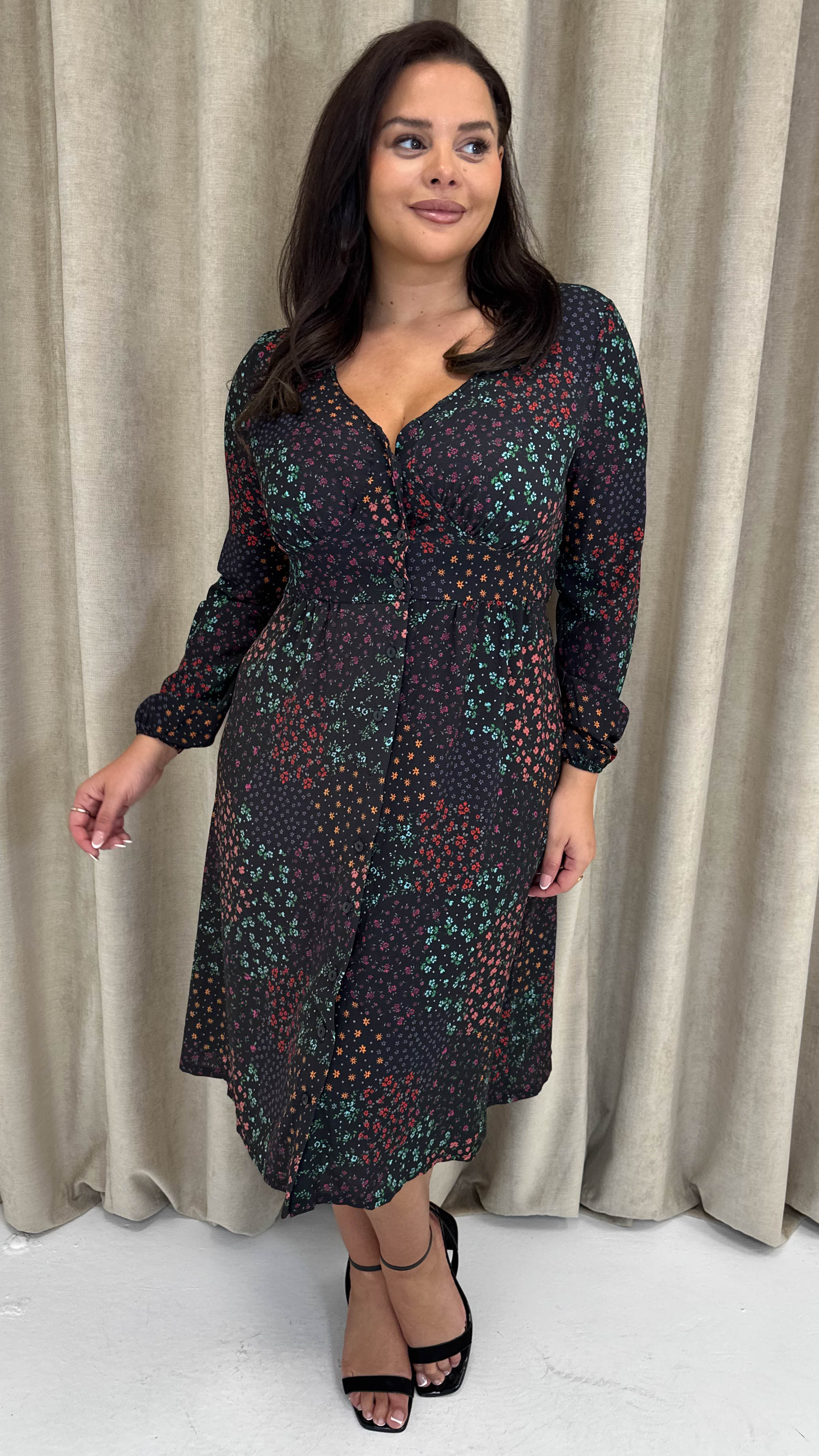 CurveWow Woven Button Front Dress Patchwork Floral