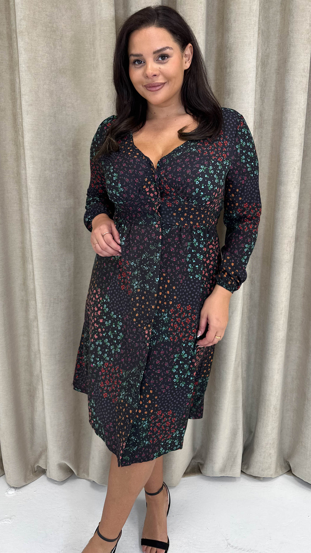CurveWow Woven Button Front Dress Patchwork Floral