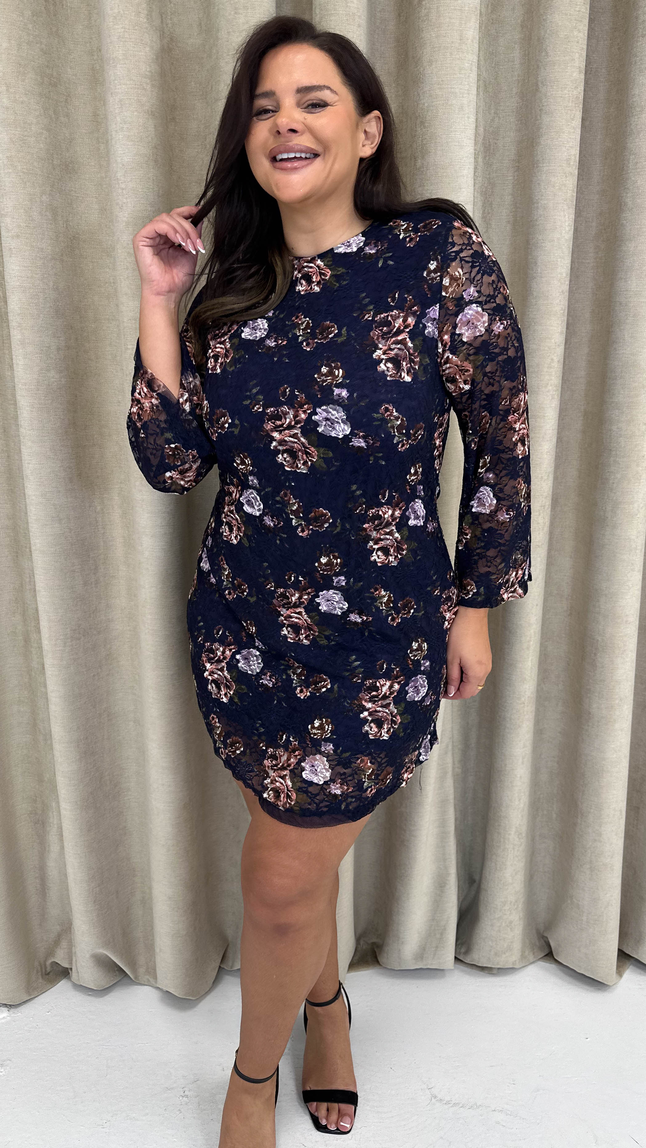 CurveWow Floral Lace Shift Dress Navy