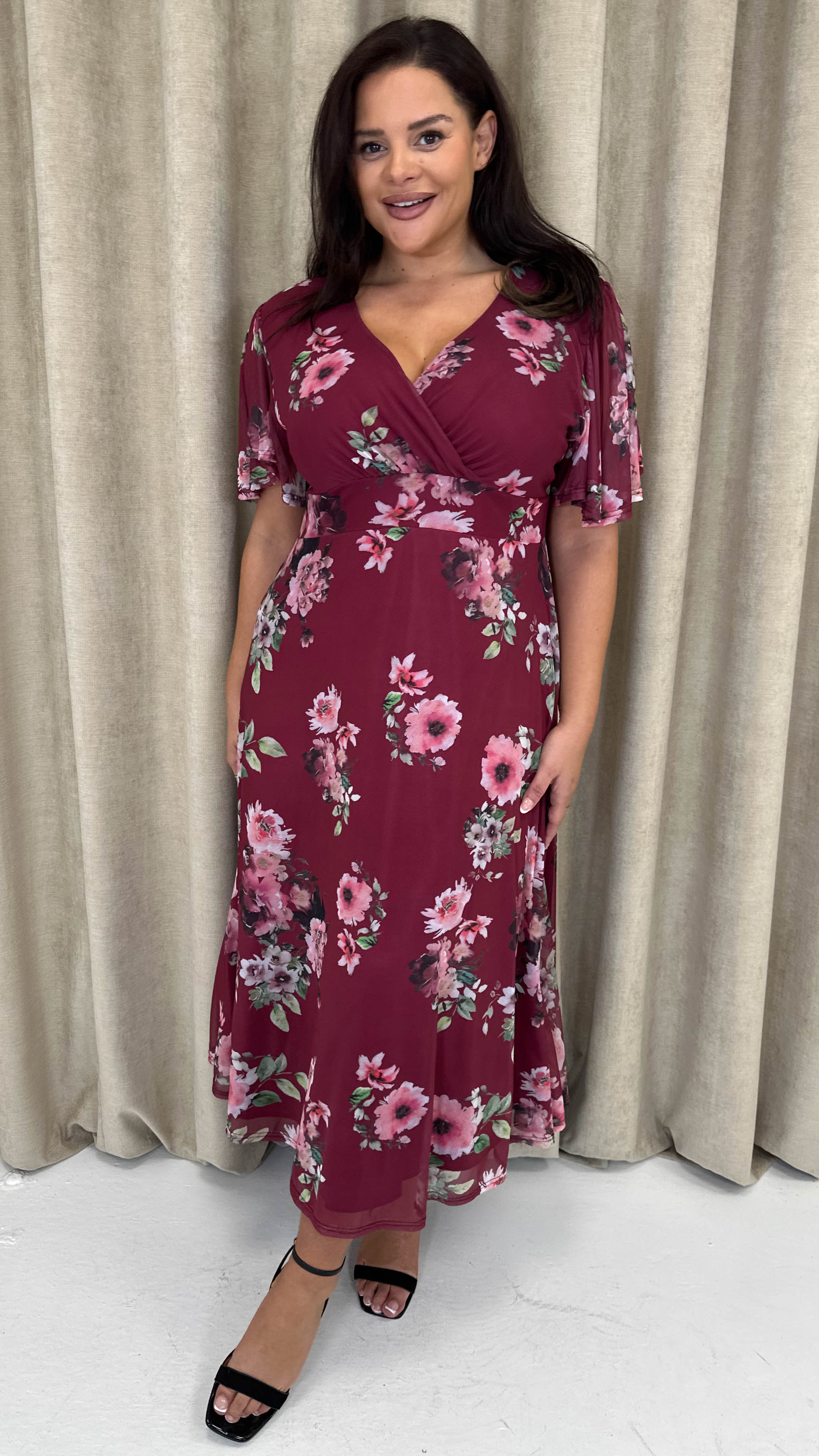 CurveWow Mesh Angel Sleeve Dress Wine Multi Floral