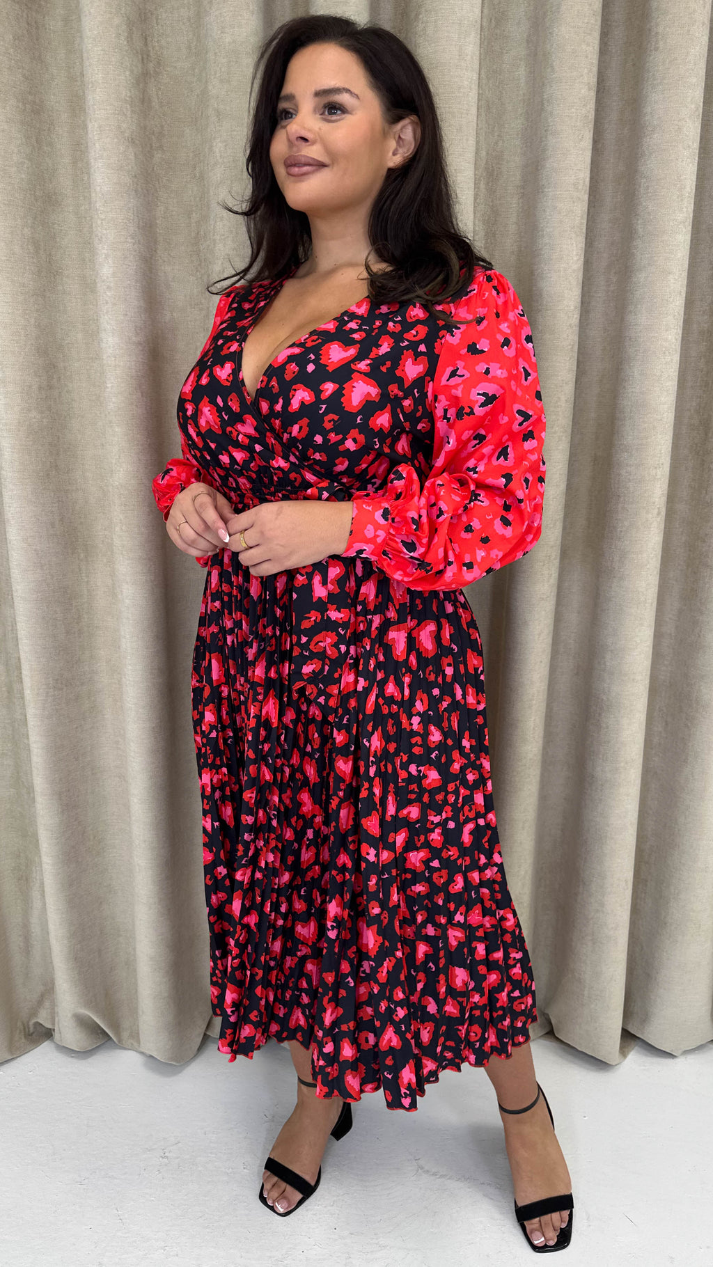CurveWow Printed Pleated Midi Dress Red Animal Mix