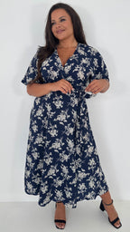 CurveWow Kimono Wrap Midaxi Dress Navy Floral