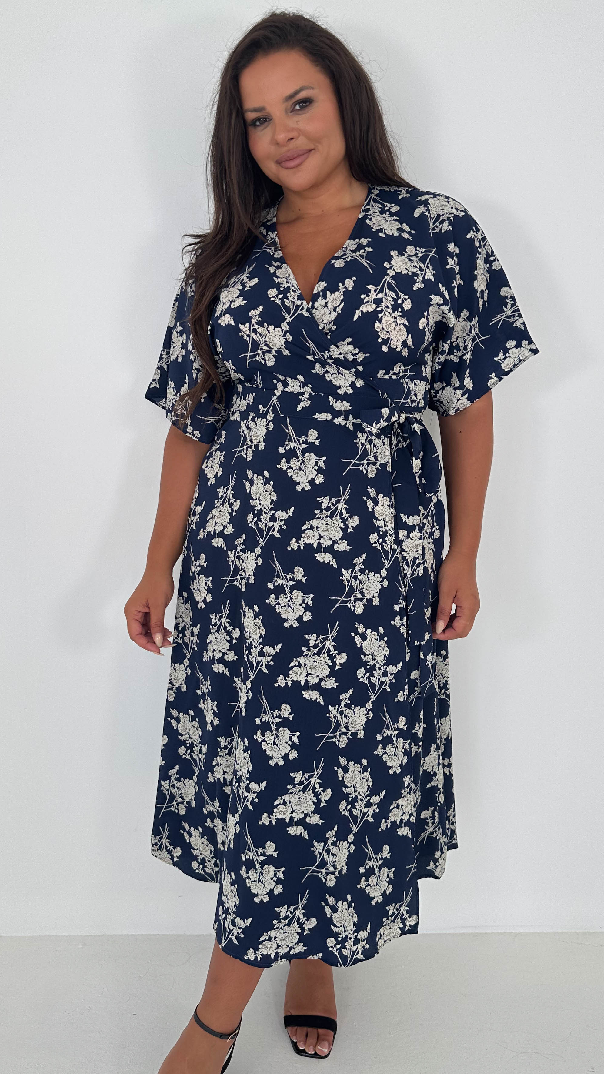 CurveWow Kimono Wrap Midaxi Dress Navy Floral