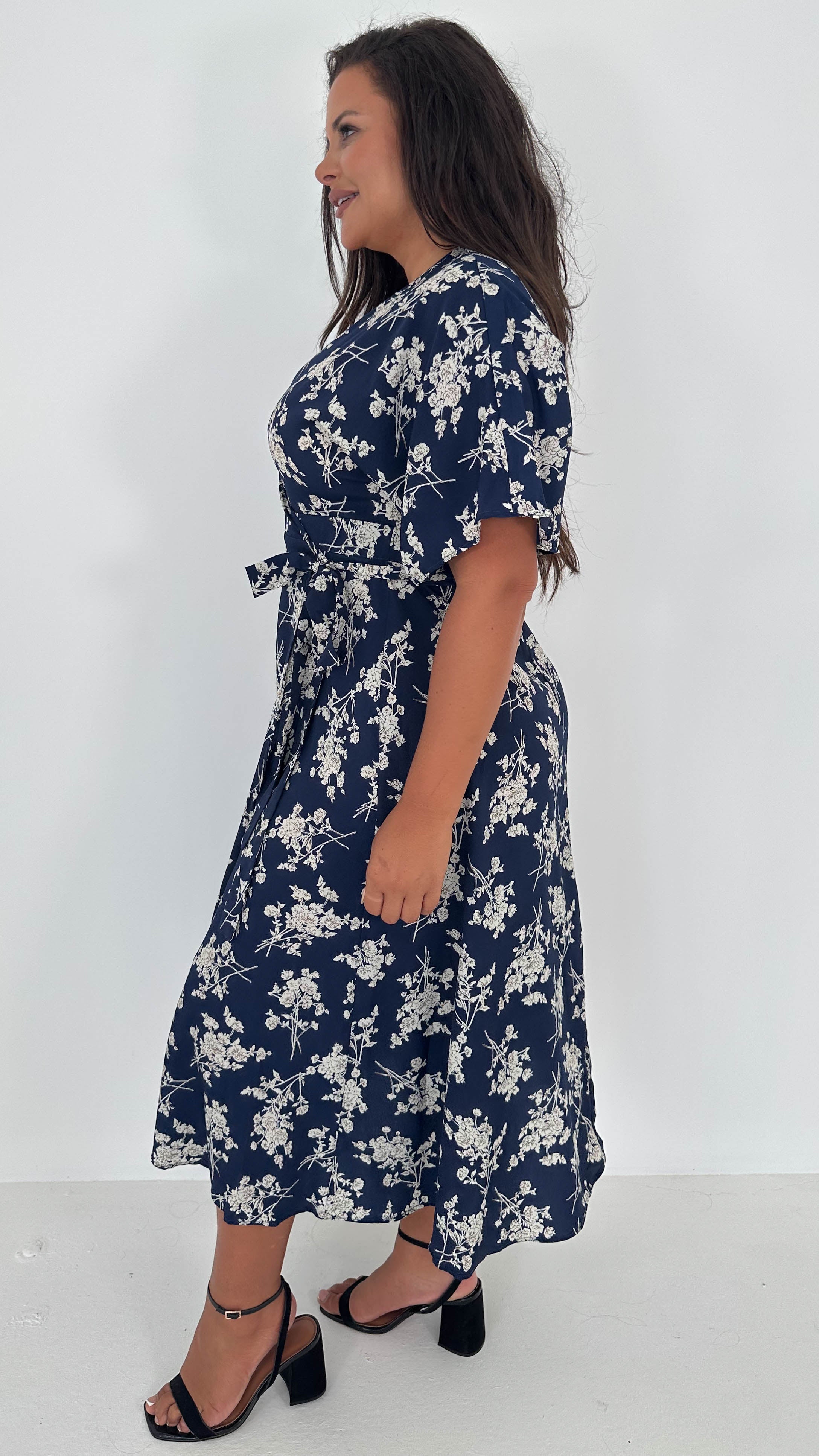 CurveWow Kimono Wrap Midaxi Dress Navy Floral