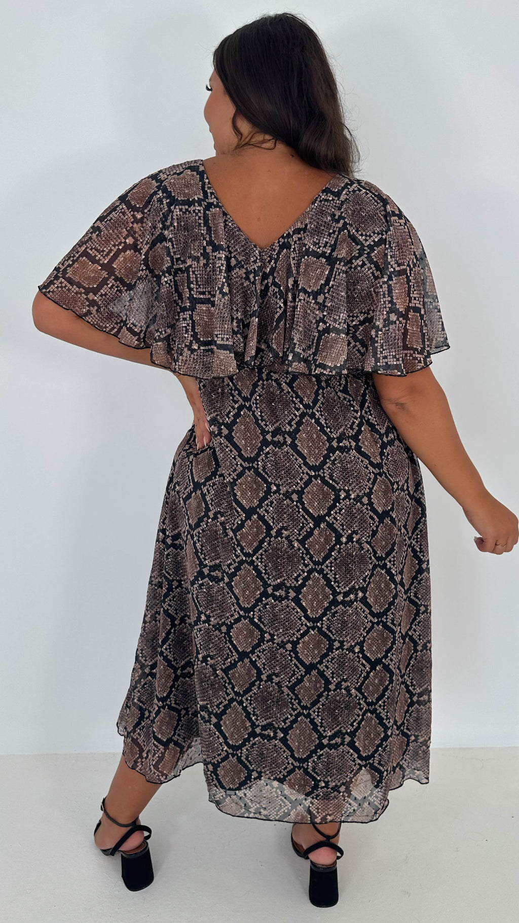 CurveWow Cape Frill Midaxi Dress Snake Print
