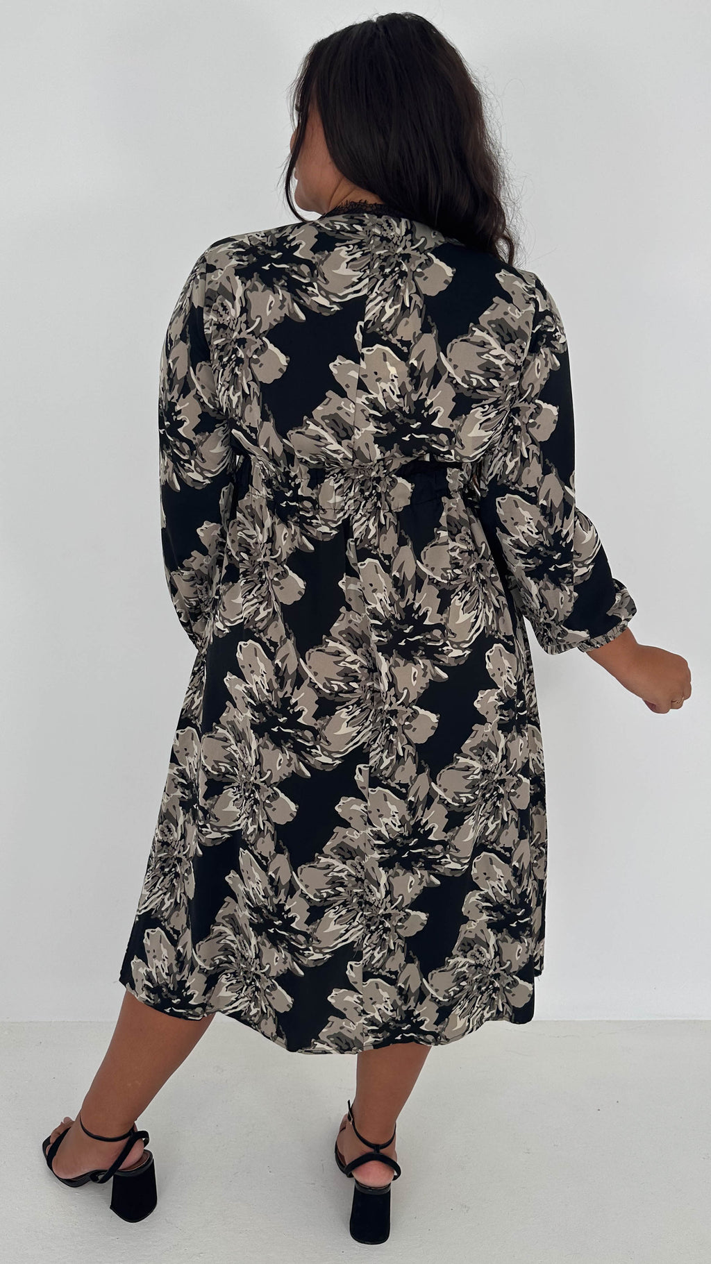 CurveWow Lace Trim Midi Dress Black Floral