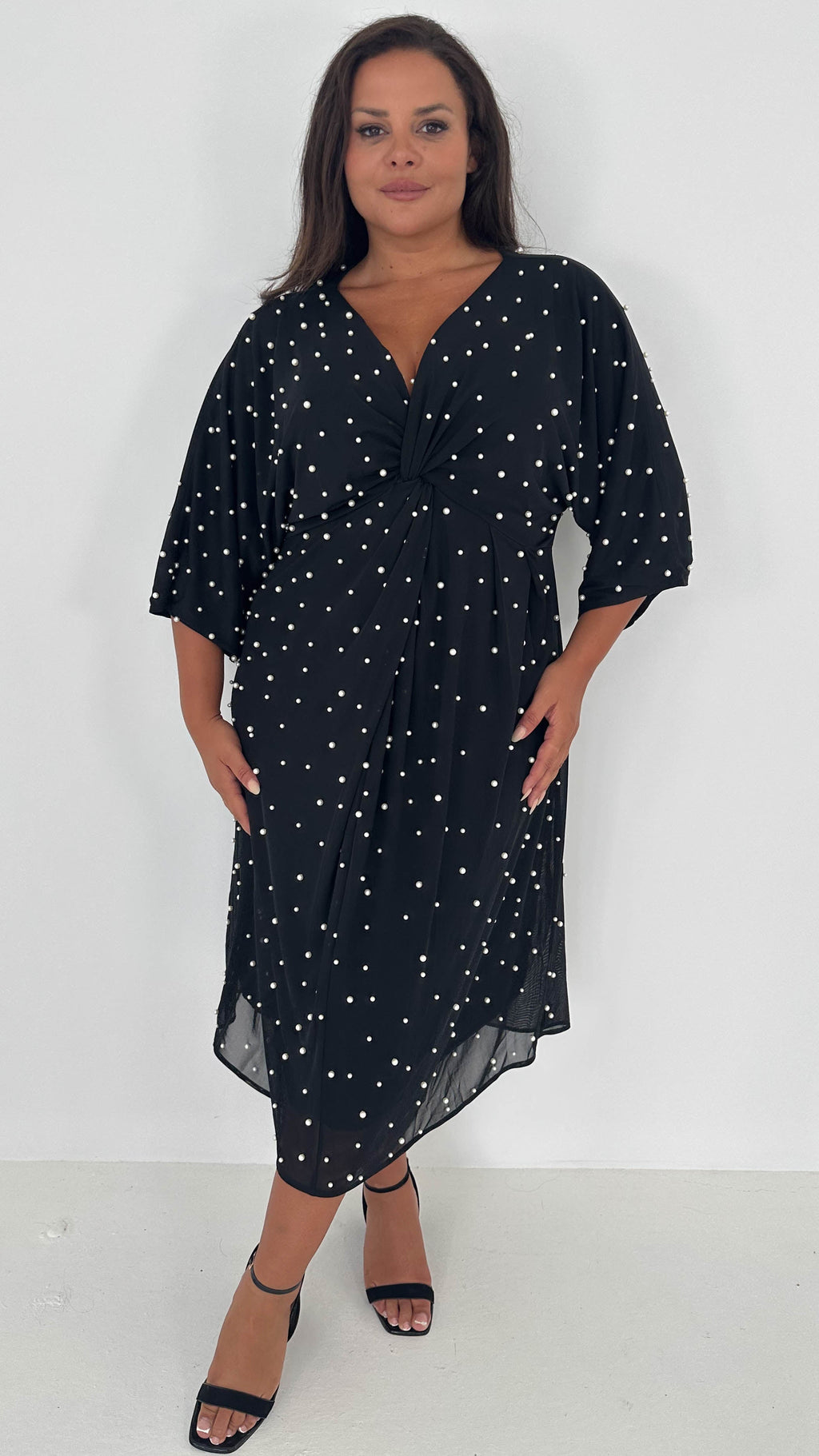 CurveWow Pearl Embellished Knot Front Dress Black