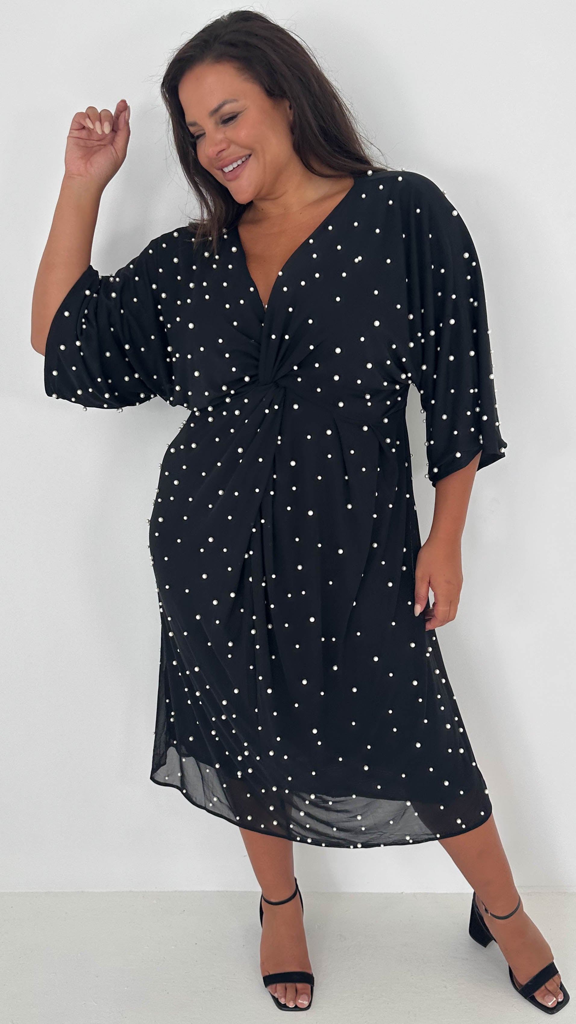 CurveWow Pearl Embellished Knot Front Dress Black