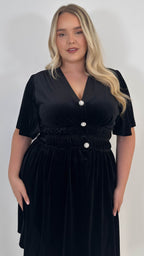 CurveWow Velvet Diamante Button Front Mini Dress Black