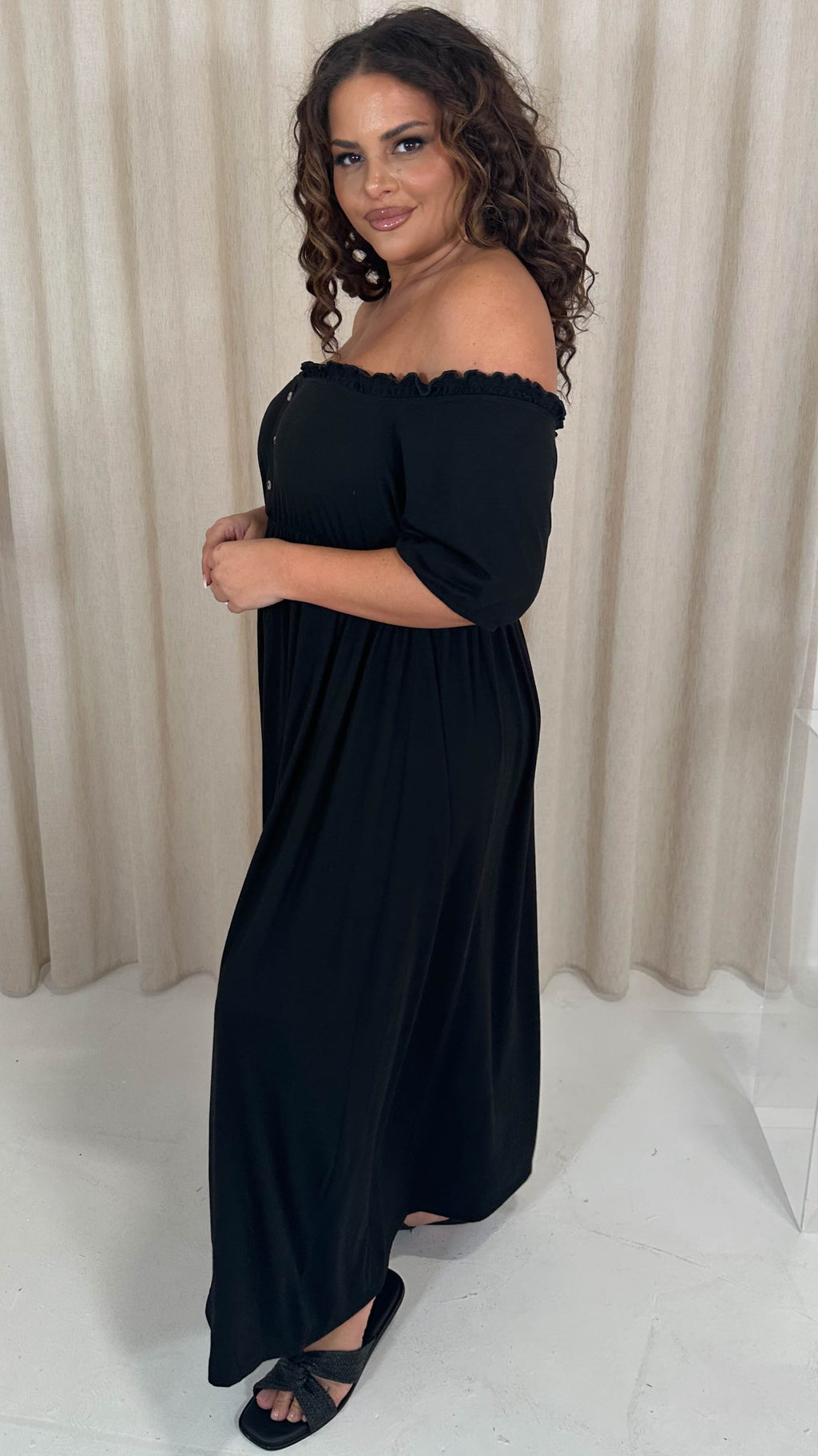 CurveWow Bardot Button Front Dress Black