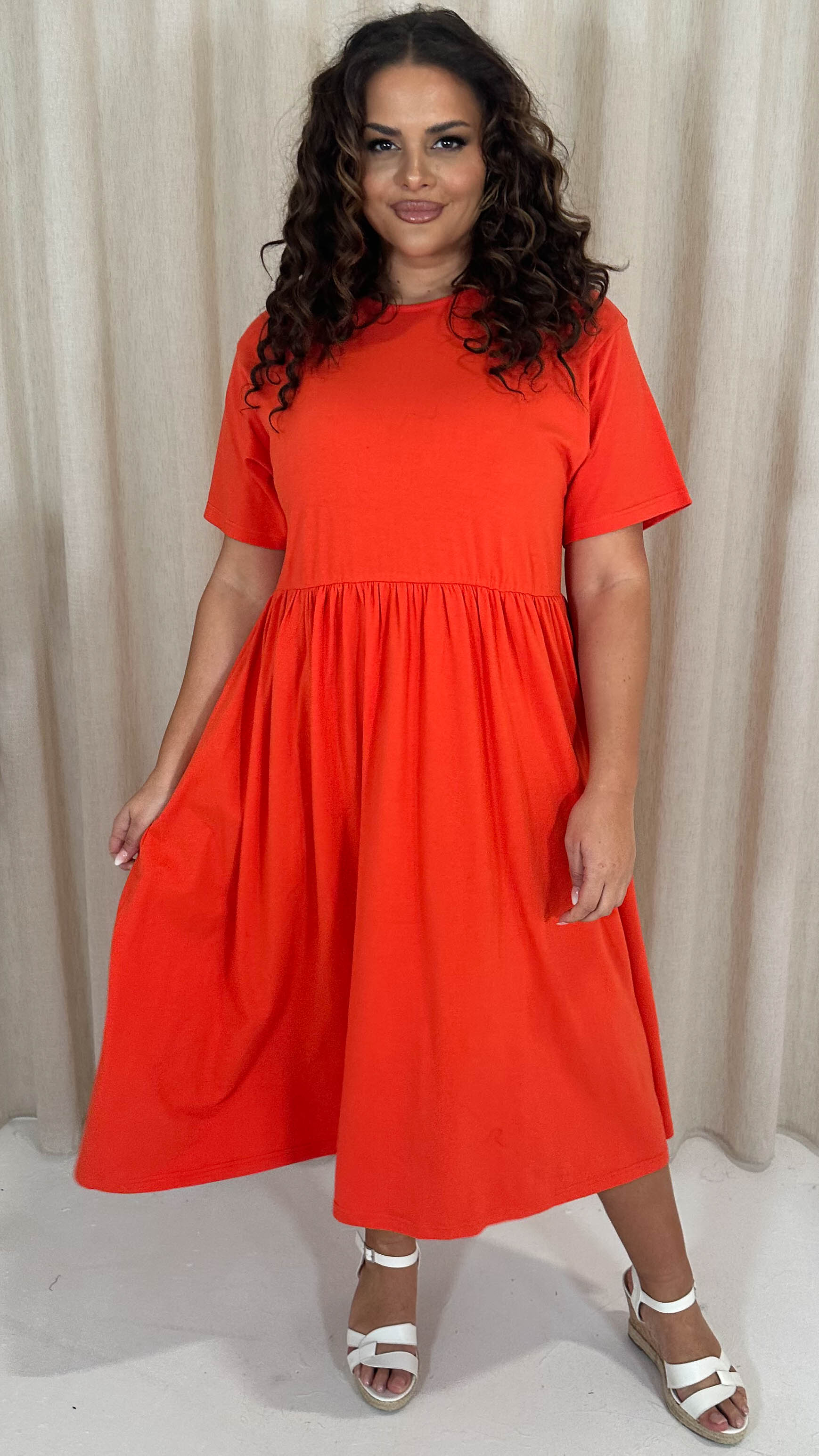 CurveWow Elasticated Waist Midi Dress Red/Orange