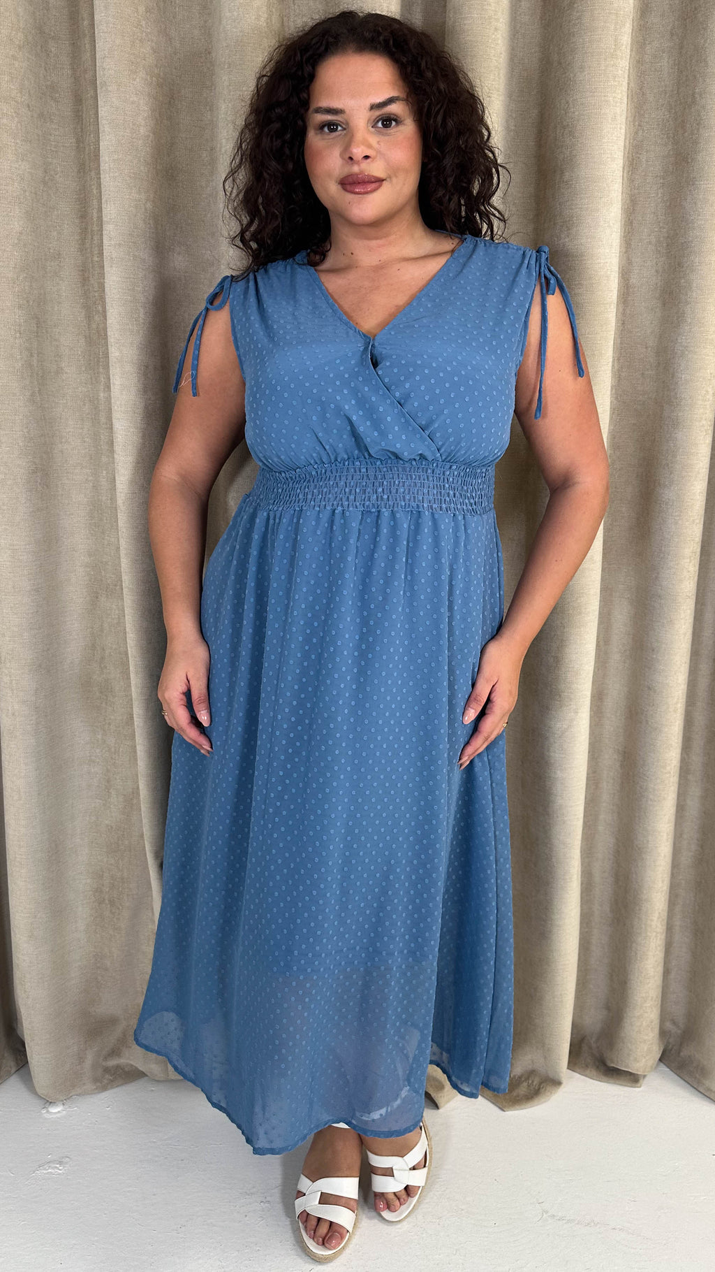 CurveWow Shirred Waist Dobby Midaxi Dress Dusty Blue