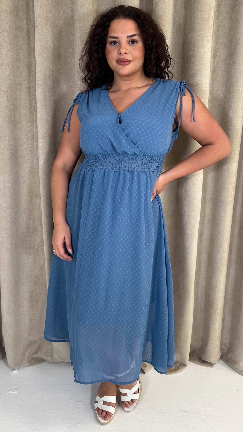 CurveWow Shirred Waist Dobby Midaxi Dress Dusty Blue