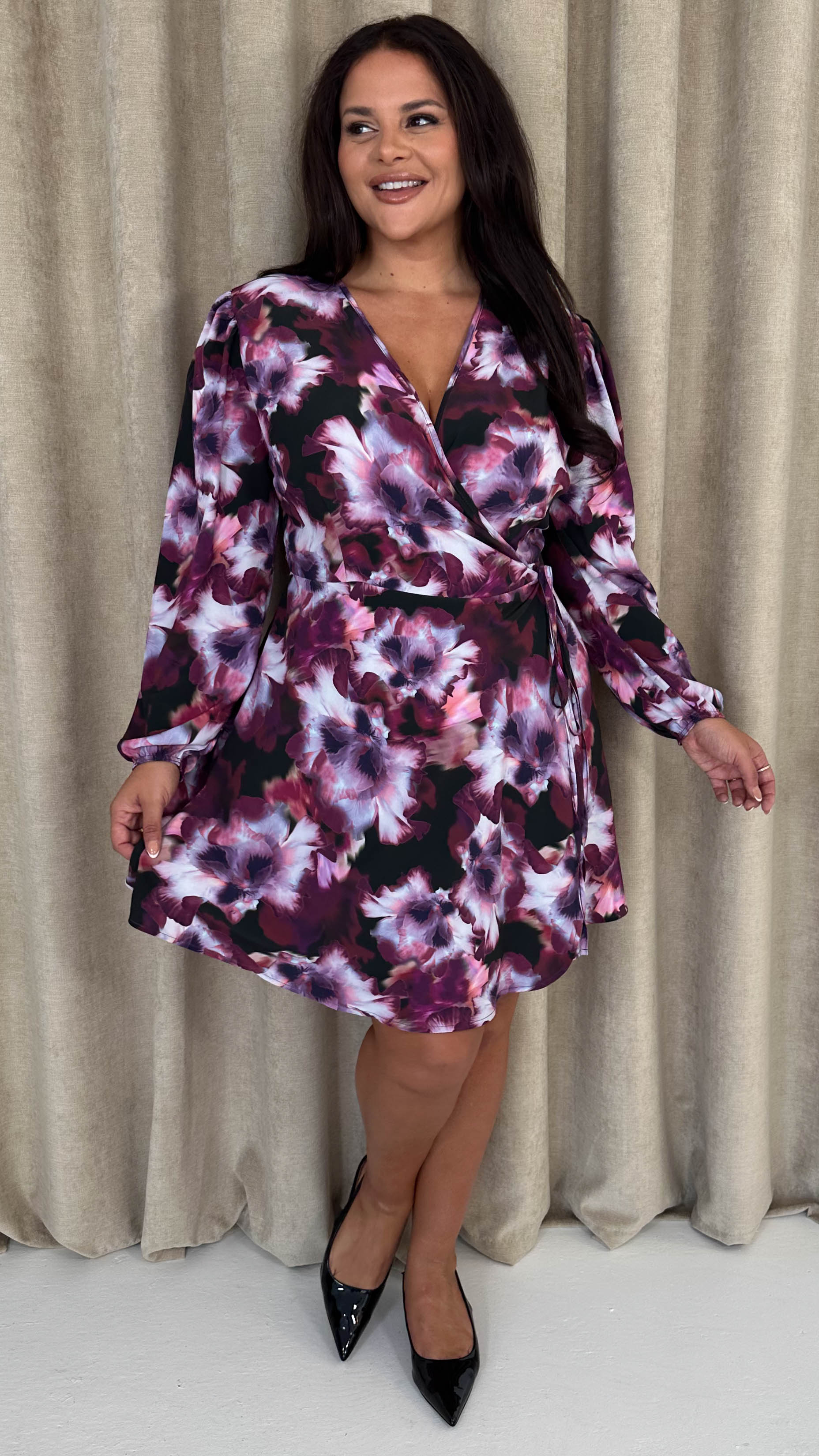 CurveWow Balloon Sleeve Wrap Mini Dress Multi Floral