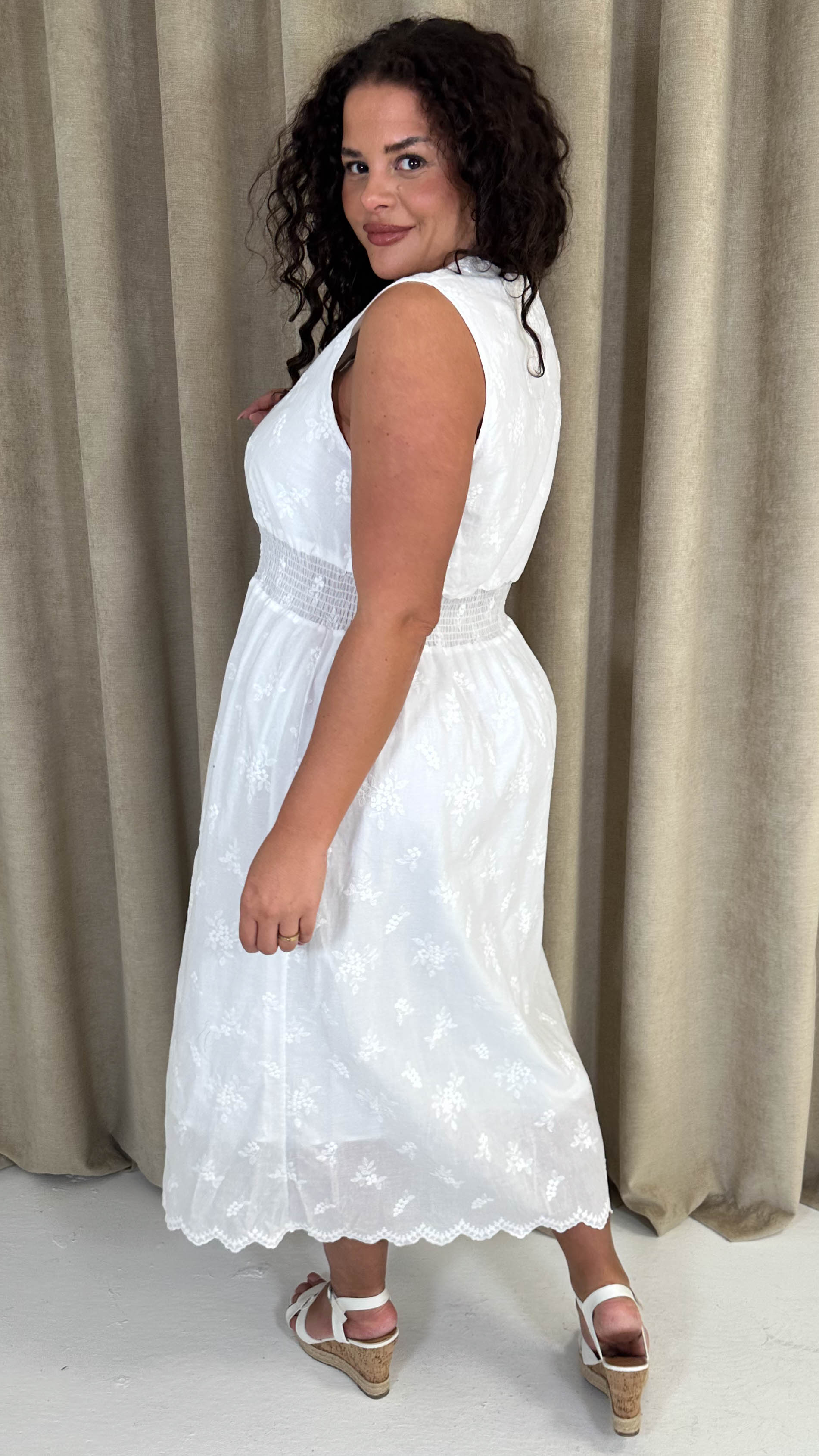 CurveWow Broderie Zip Front Dress White