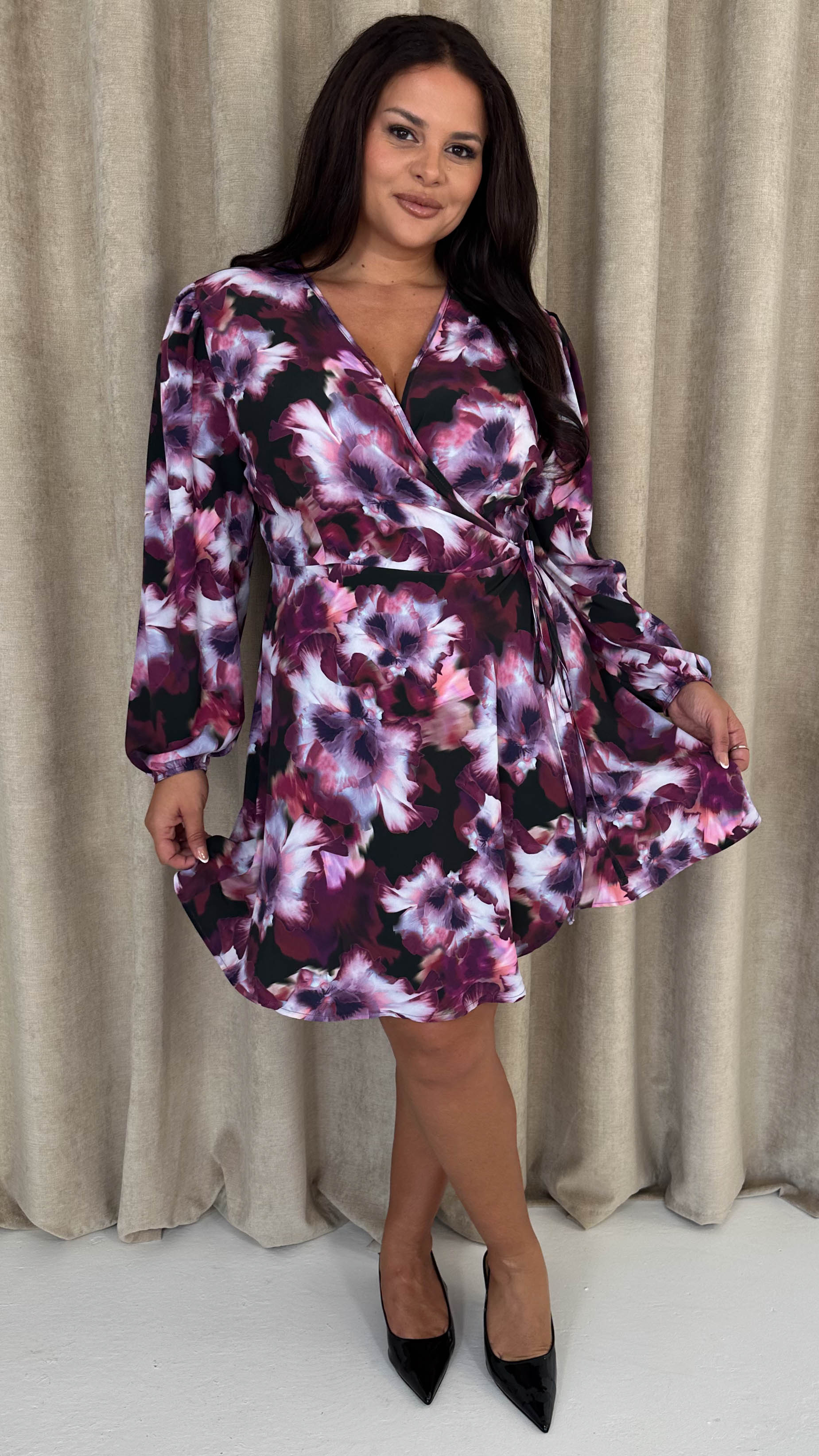 CurveWow Balloon Sleeve Wrap Mini Dress Multi Floral