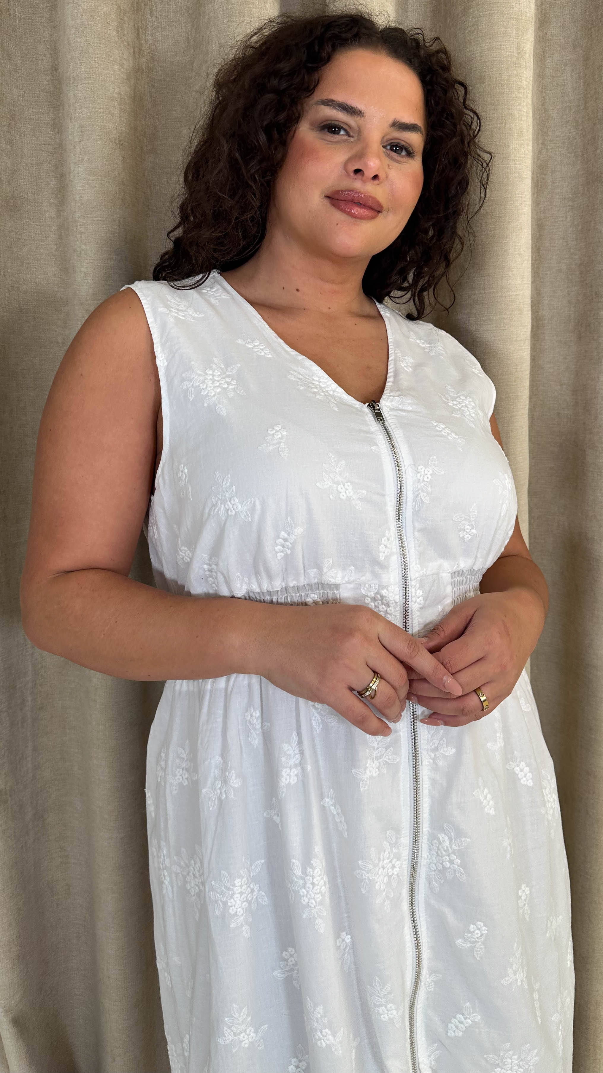 CurveWow Broderie Zip Front Dress White