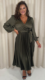 CurveWow Pleated Midi Dress Dark Khaki