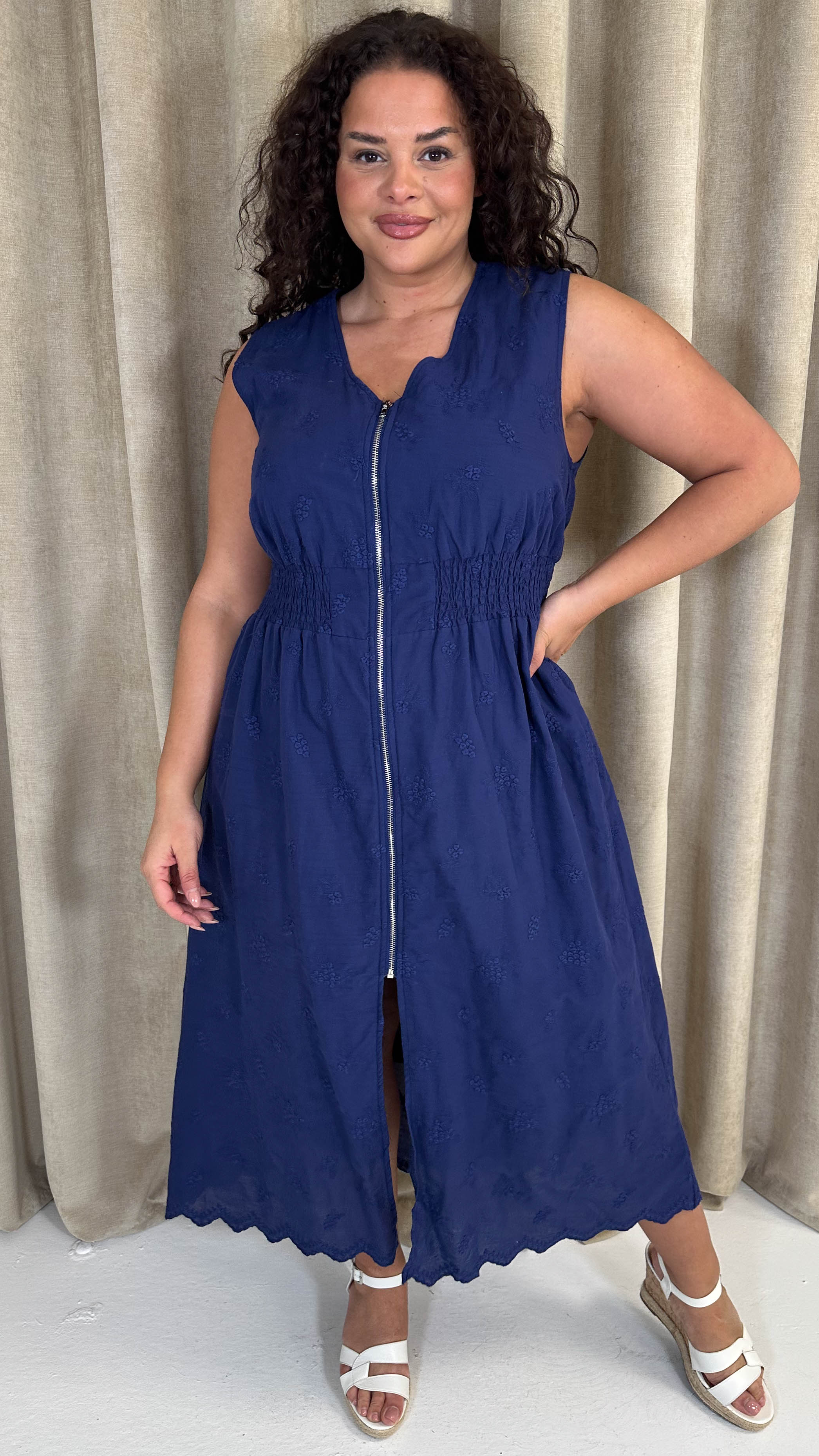 CurveWow Broderie Zip Front Dress Navy
