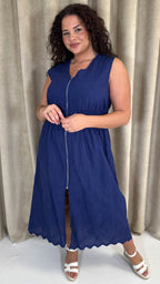 CurveWow Broderie Zip Front Dress Navy