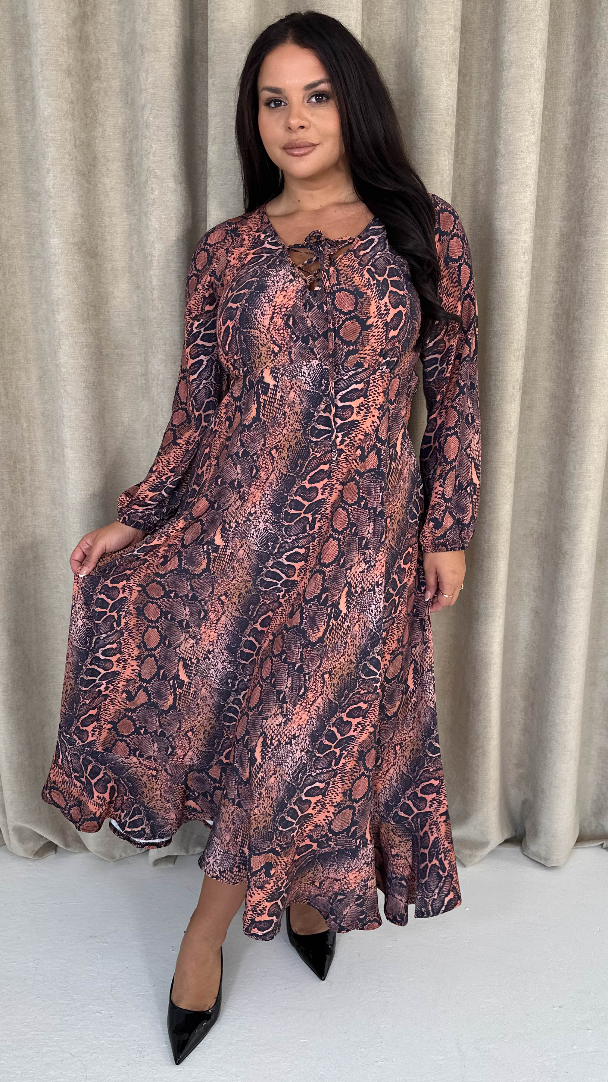 CurveWow Lace Front Frill Hem Midi Dress Snake