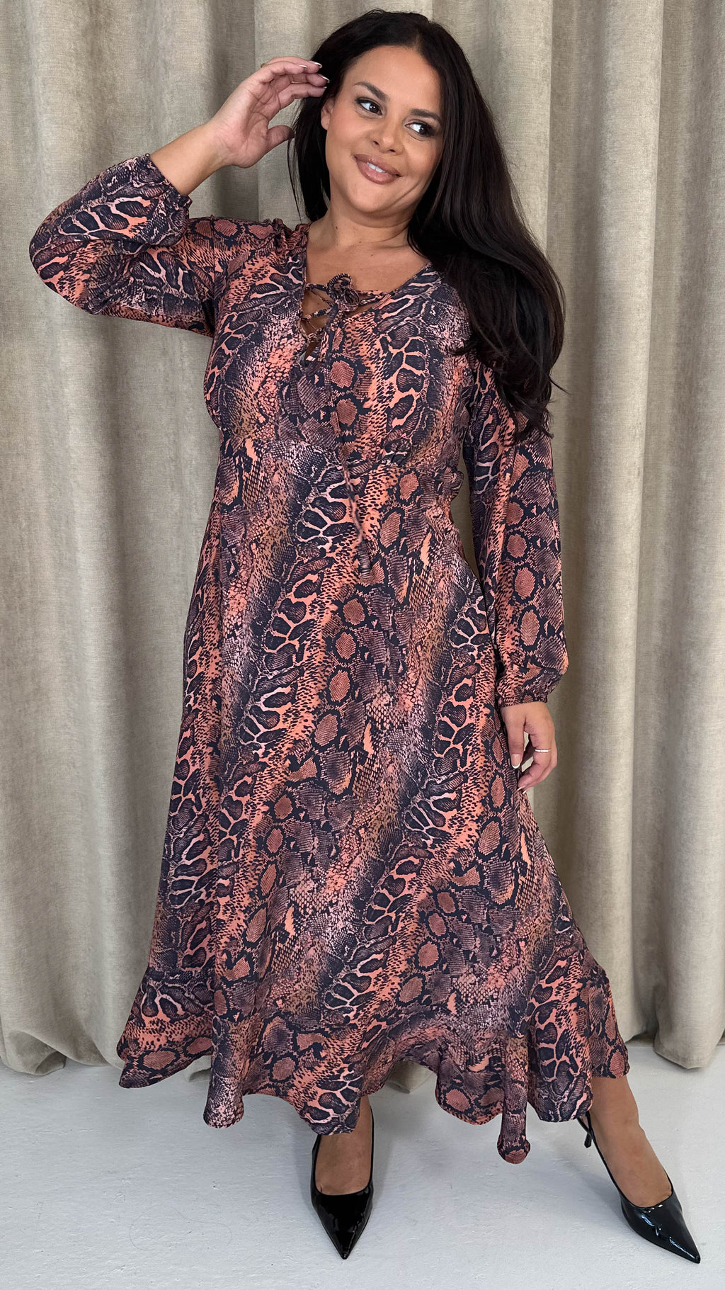 CurveWow Lace Front Frill Hem Midi Dress Snake