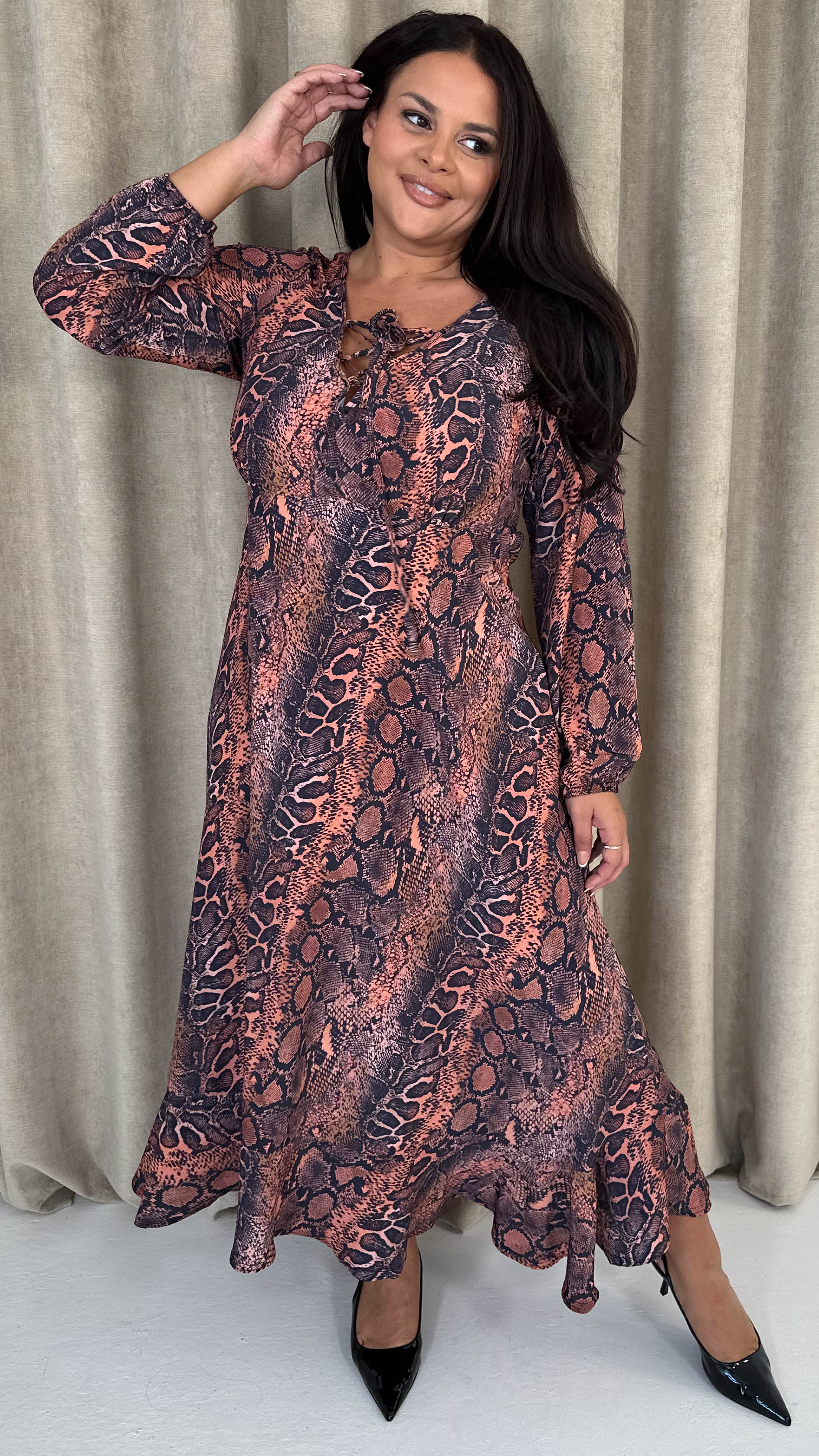 CurveWow Lace Front Frill Hem Midi Dress Snake