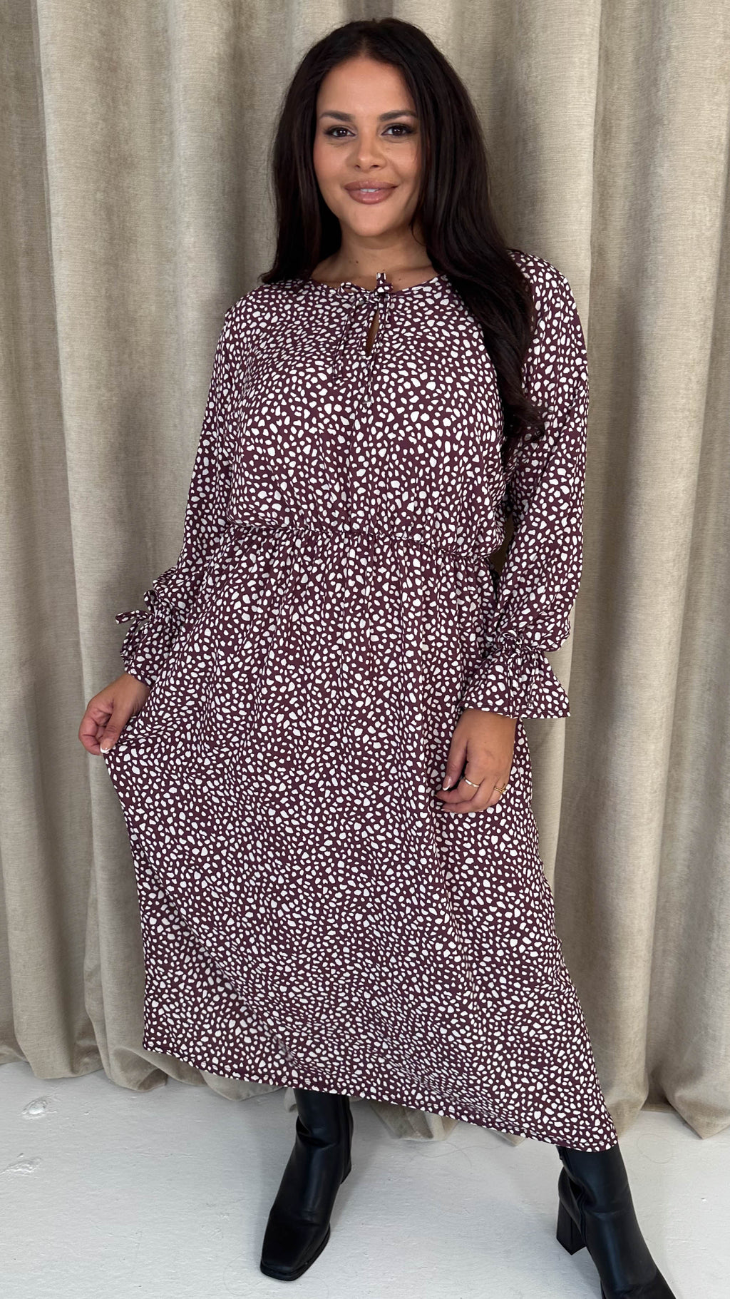 CurveWow Tie Cuff Midaxi Dress Plum Animal