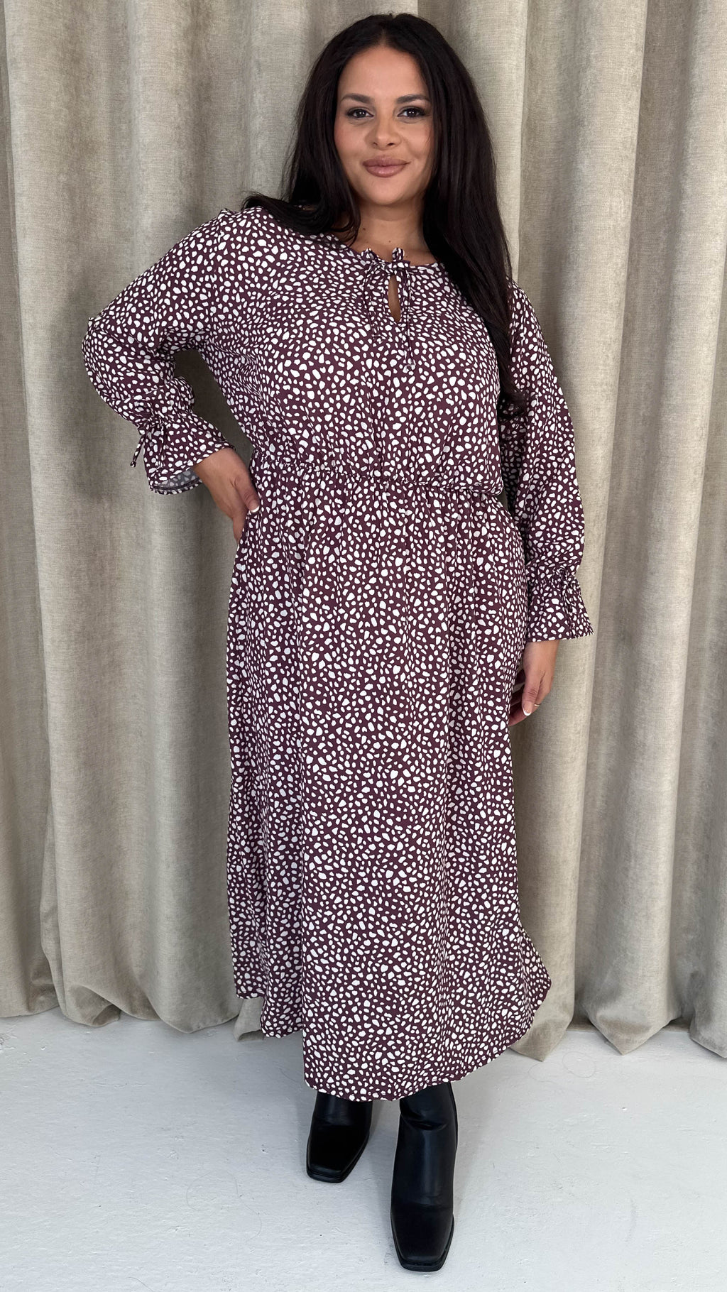 CurveWow Tie Cuff Midaxi Dress Plum Animal