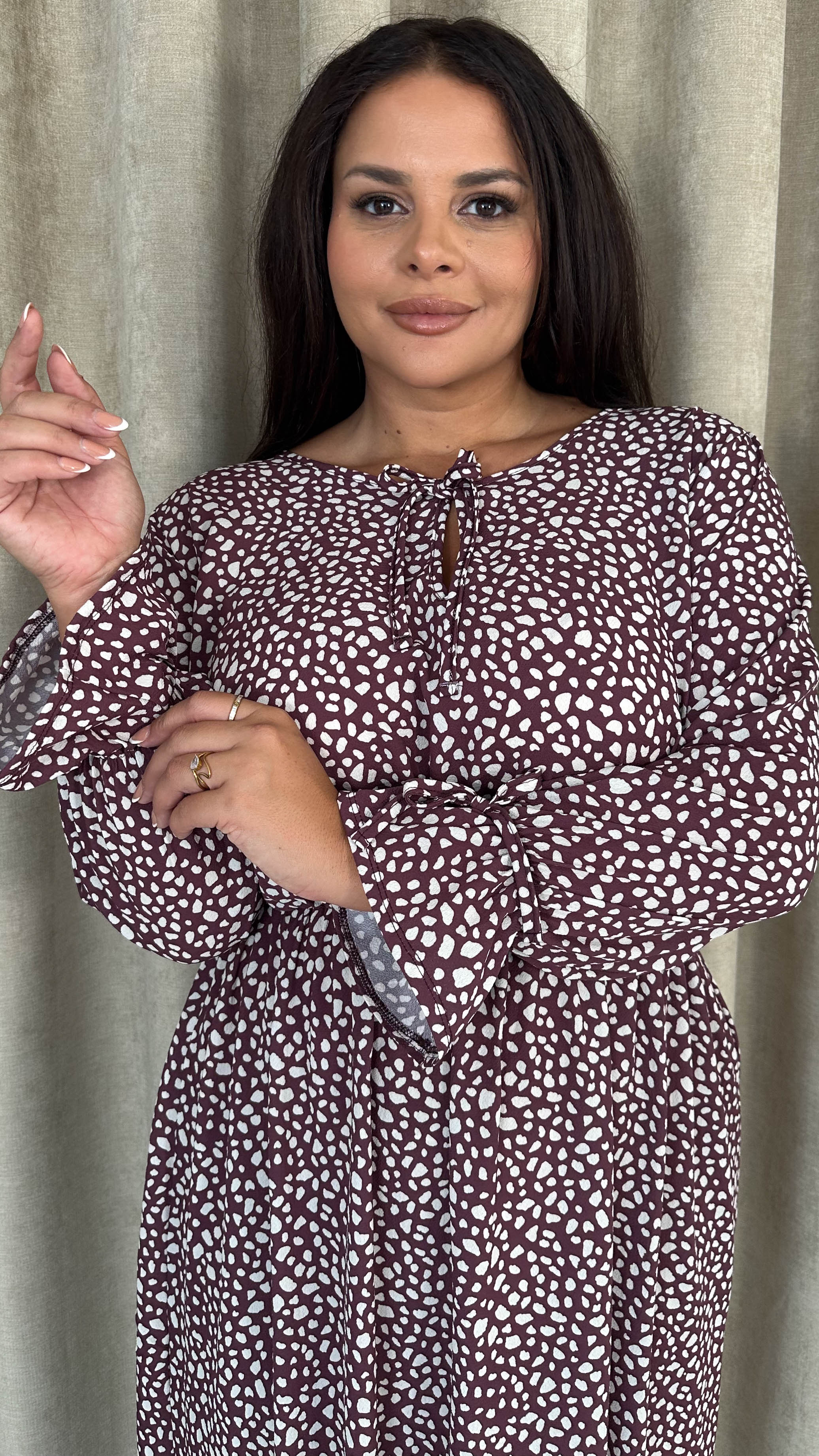 CurveWow Tie Cuff Midaxi Dress Plum Animal