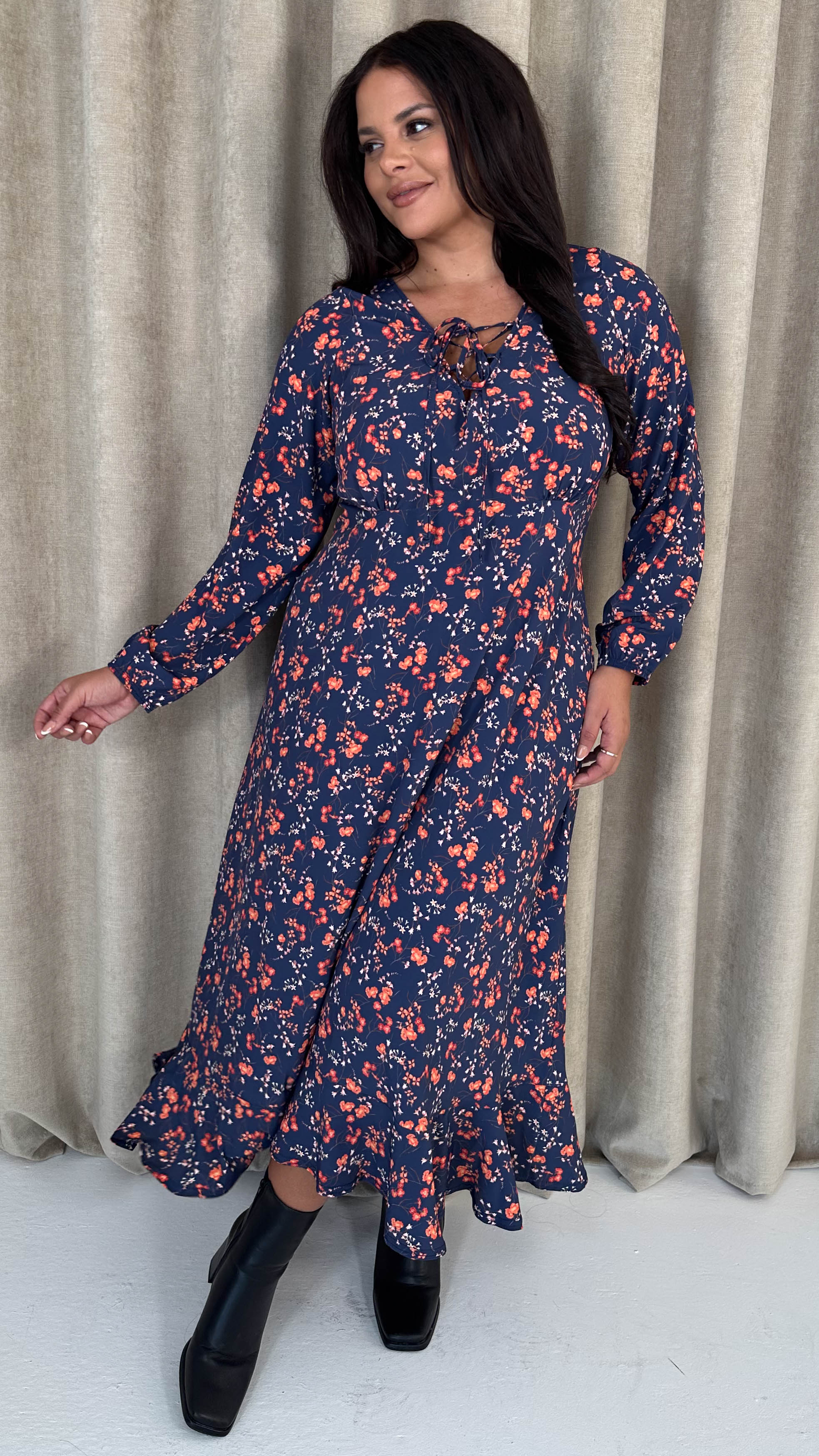 CurveWow Lace Front Frill Hem Midi Dress Navy Floral